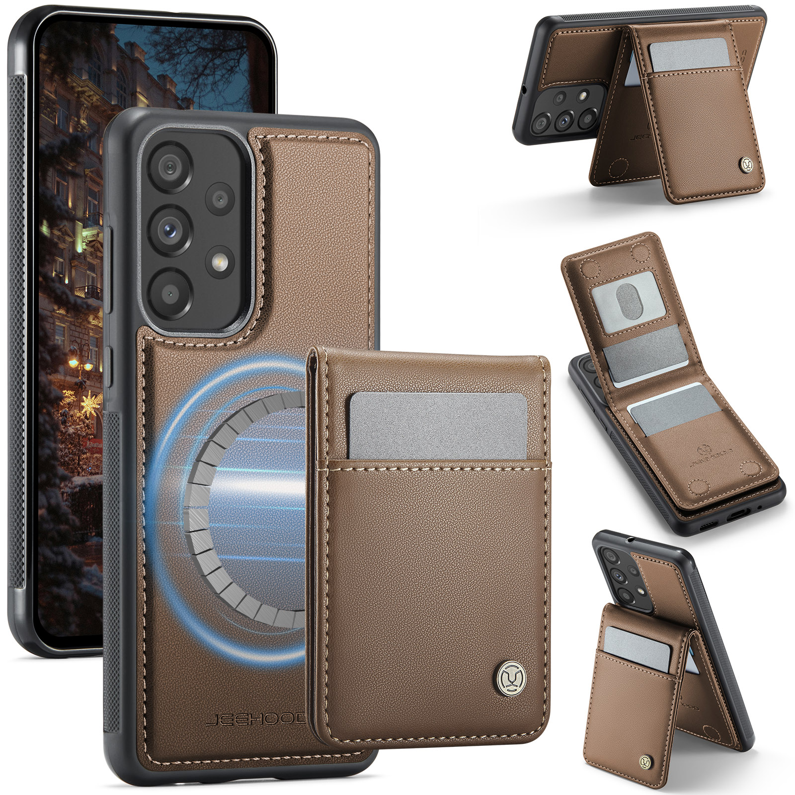 JEEHOOD For Samsung Galaxy A33 5G Leather Back Cover Magnetic Case J06 Phone Case with Card Bag RFID Blocking - Brown