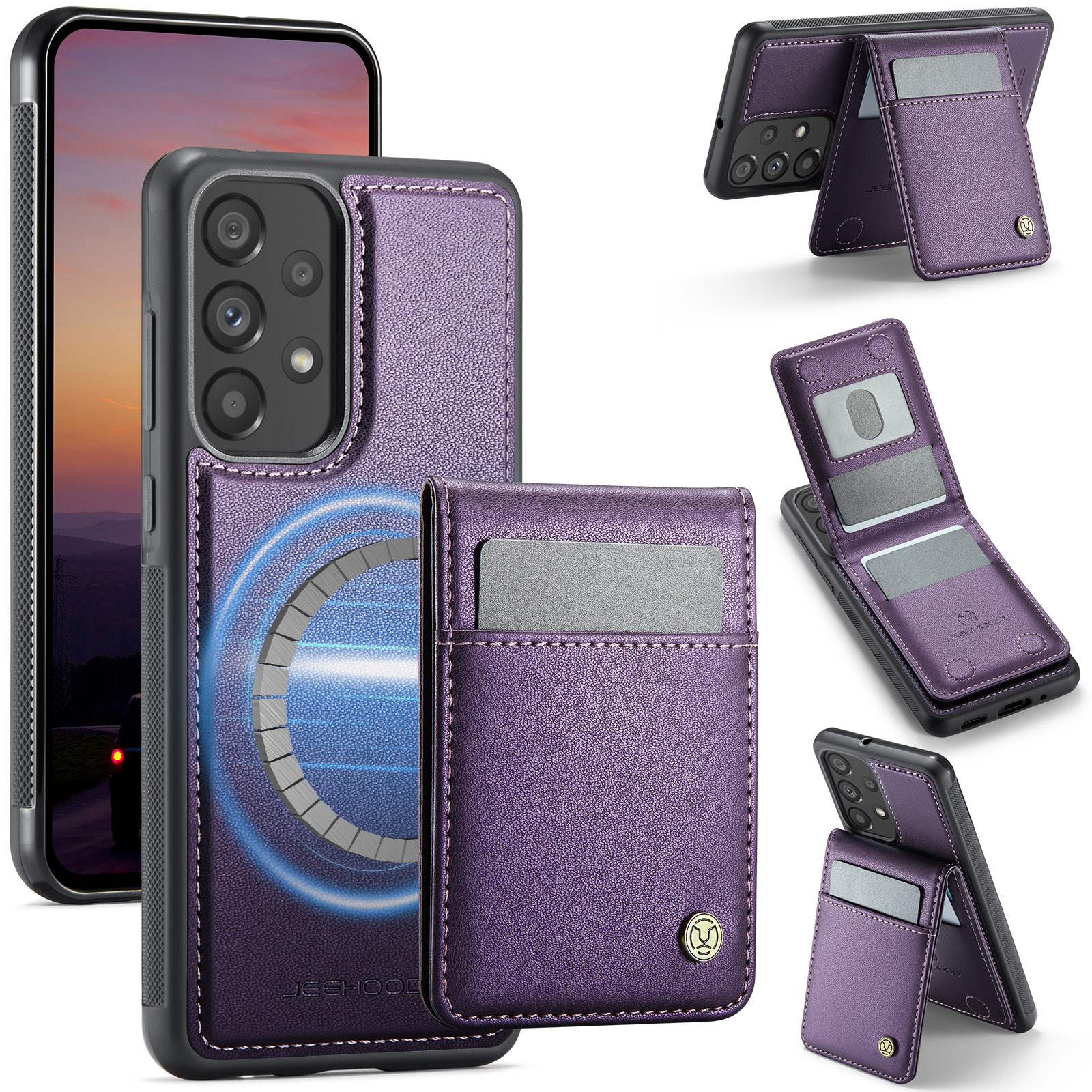 JEEHOOD For Samsung Galaxy A33 5G Leather Back Cover Magnetic Case J06 Phone Case with Card Bag RFID Blocking - Purple