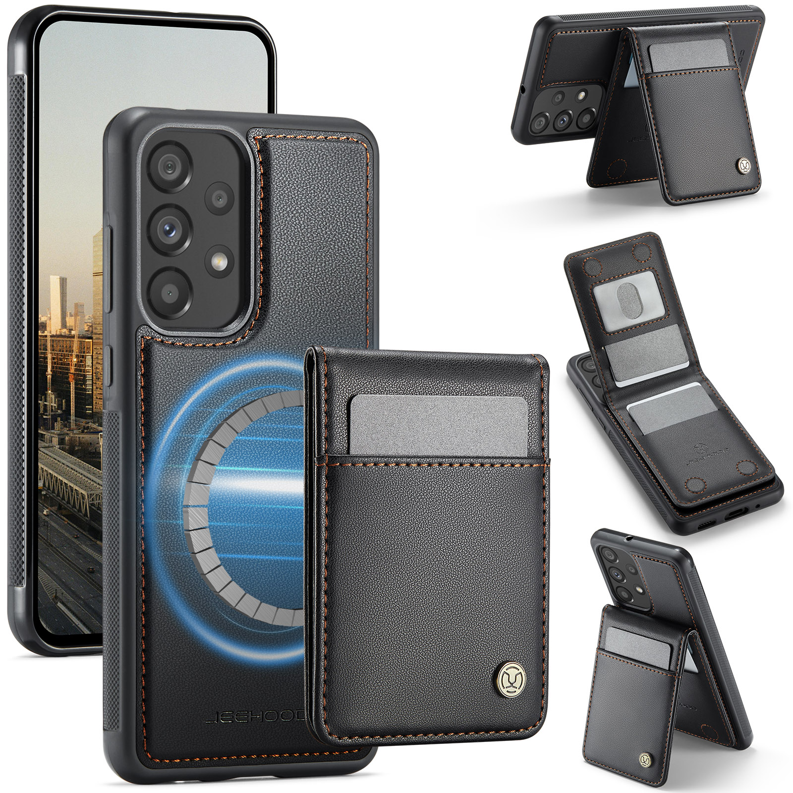 JEEHOOD For Samsung Galaxy A33 5G Leather Back Cover Magnetic Case  J06 Phone Case with Card Bag RFID Blocking - Black