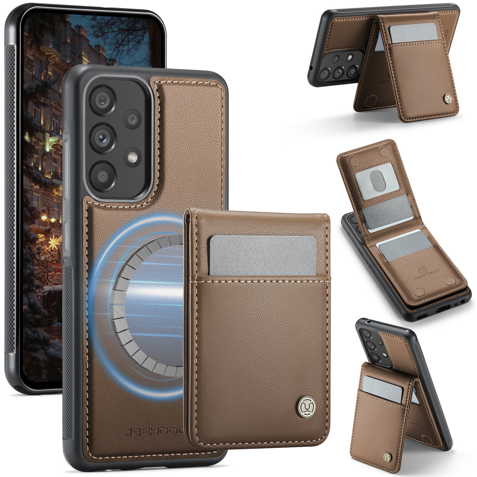 JEEHOOD For Samsung Galaxy A52 5G / Galaxy A52s 5G / Galaxy A52 4G Leather Back Cover Magnetic Case  J06 Phone Case with Card Bag RFID Blocking - Brown