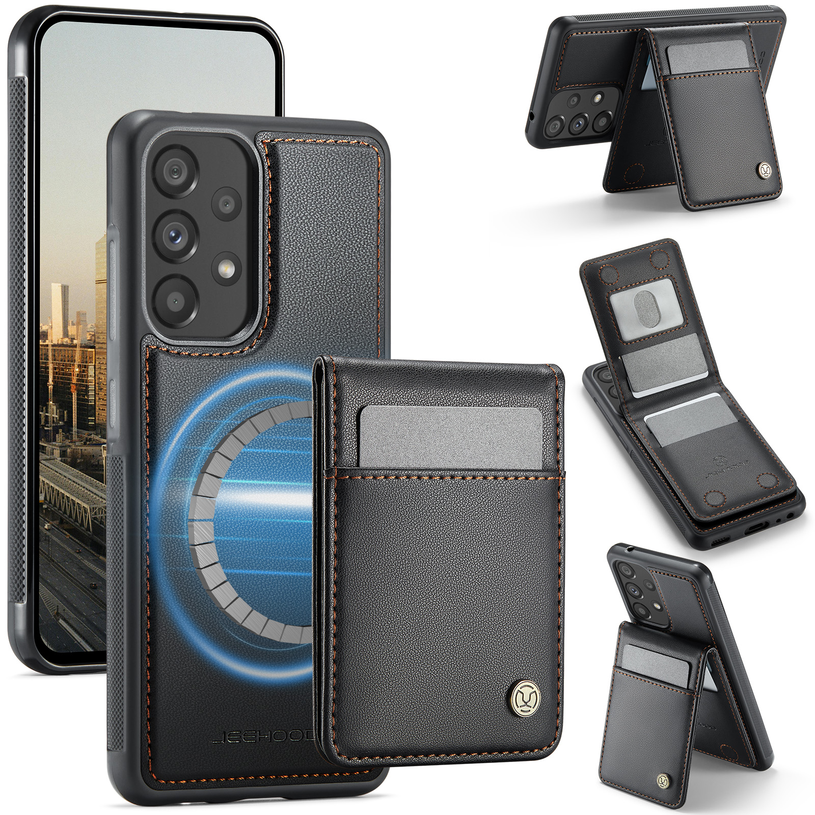 JEEHOOD For Samsung Galaxy A52 5G / Galaxy A52s 5G / Galaxy A52 4G Leather Back Cover Magnetic Case  J06 Phone Case with Card Bag RFID Blocking - Black