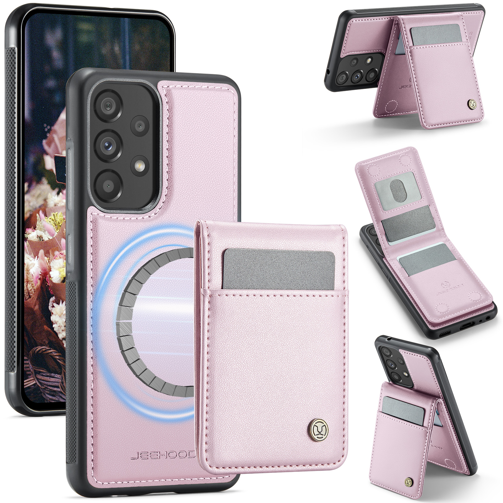 JEEHOOD For Samsung Galaxy A52 5G / Galaxy A52s 5G / Galaxy A52 4G Leather Back Cover Magnetic Case  J06 Phone Case with Card Bag RFID Blocking - Pink