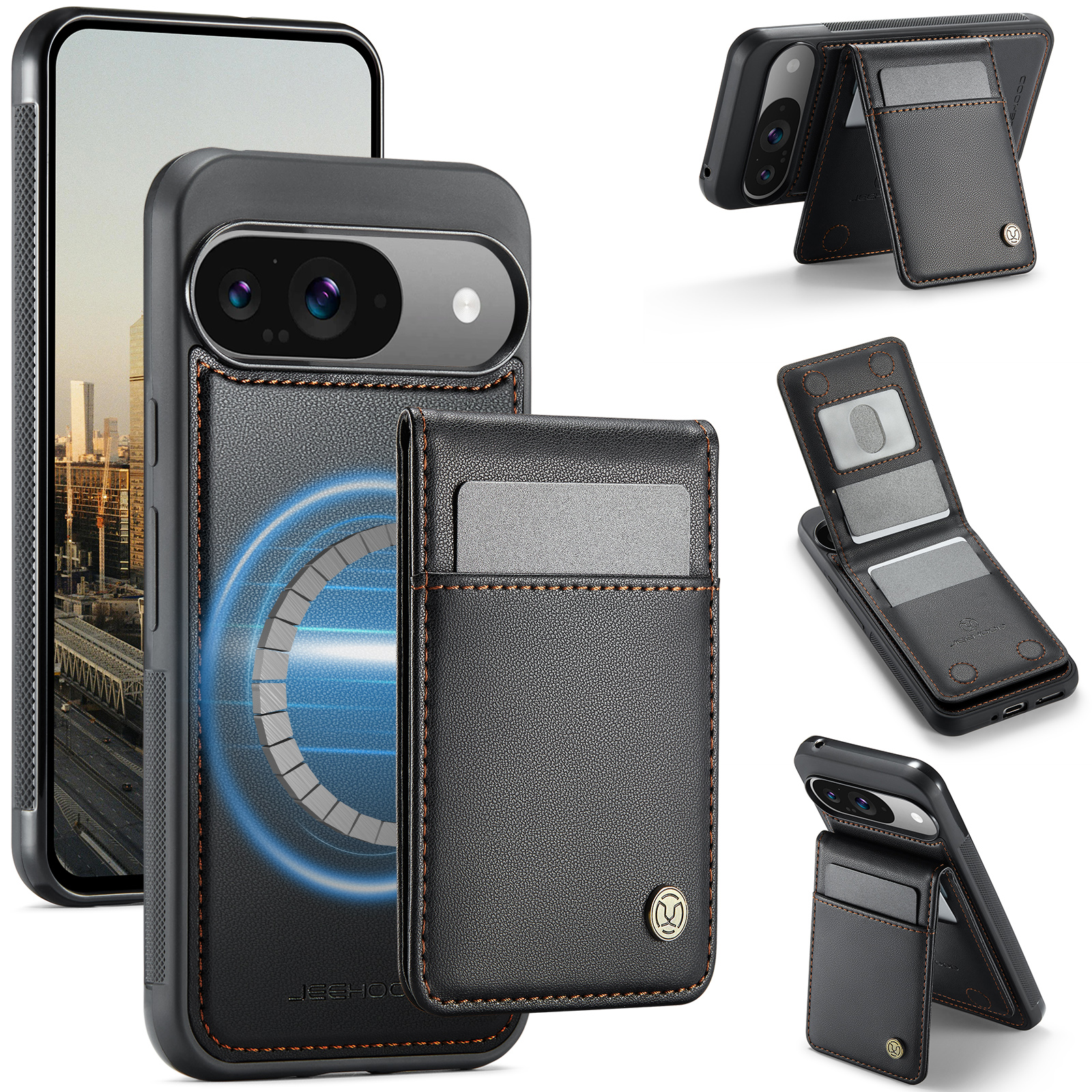 For Google Pixel 9 Pro / Google Pixel 9 Leather Back Cover Compatible with MagSafe JEEHOOD J06 Phone Case with Card Bag RFID Blocking - Black