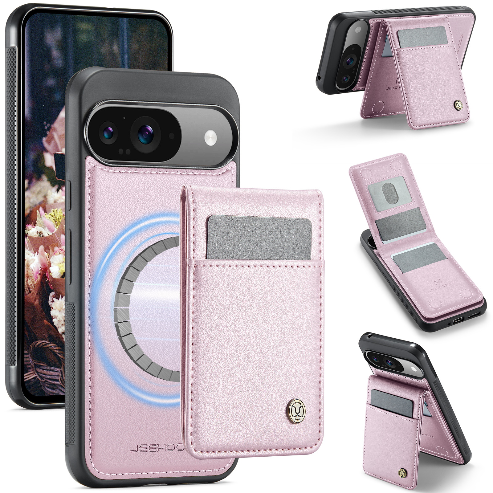 For Google Pixel 9 Pro / Google Pixel 9 Leather Back Cover Compatible with MagSafe JEEHOOD J06 Phone Case with Card Bag RFID Blocking - Pink