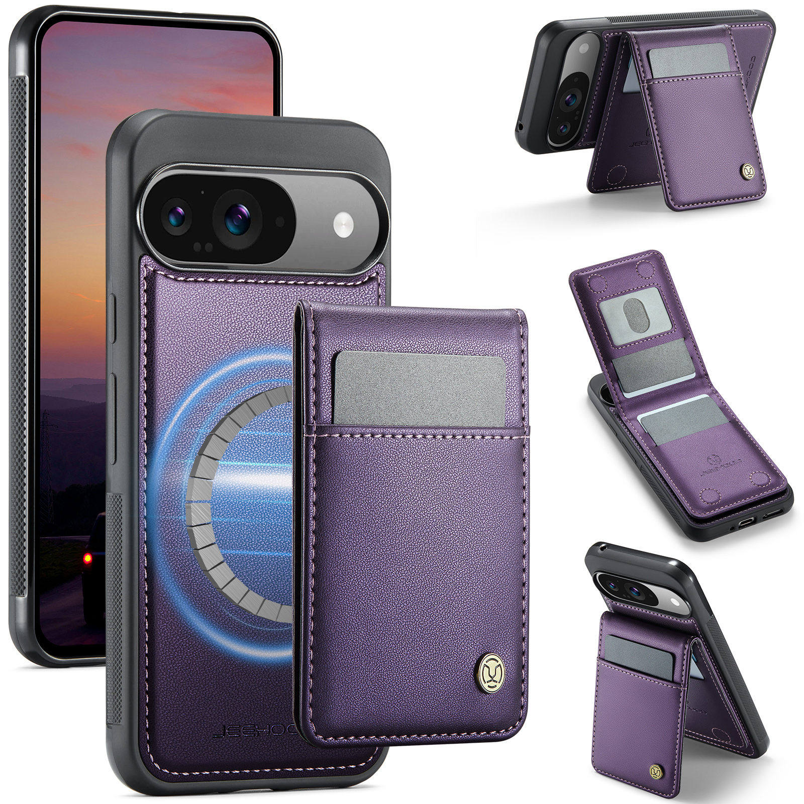 For Google Pixel 9 Pro / Google Pixel 9 Leather Back Cover Compatible with MagSafe JEEHOOD J06 Phone Case with Card Bag RFID Blocking - Purple