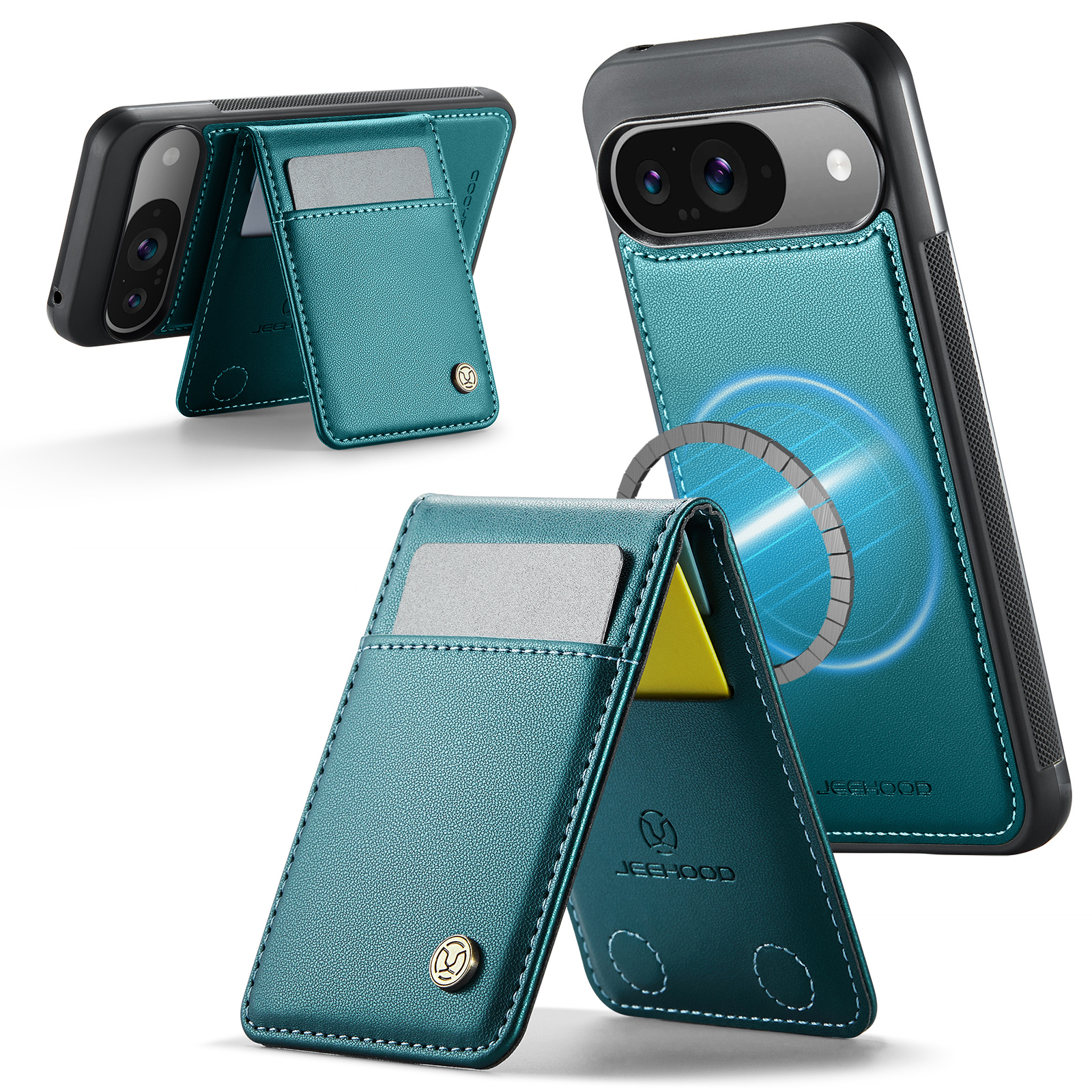 For Google Pixel 9 Pro / Google Pixel 9 Leather Back Cover Compatible with MagSafe JEEHOOD J06 Phone Case with Card Bag RFID Blocking - Blue