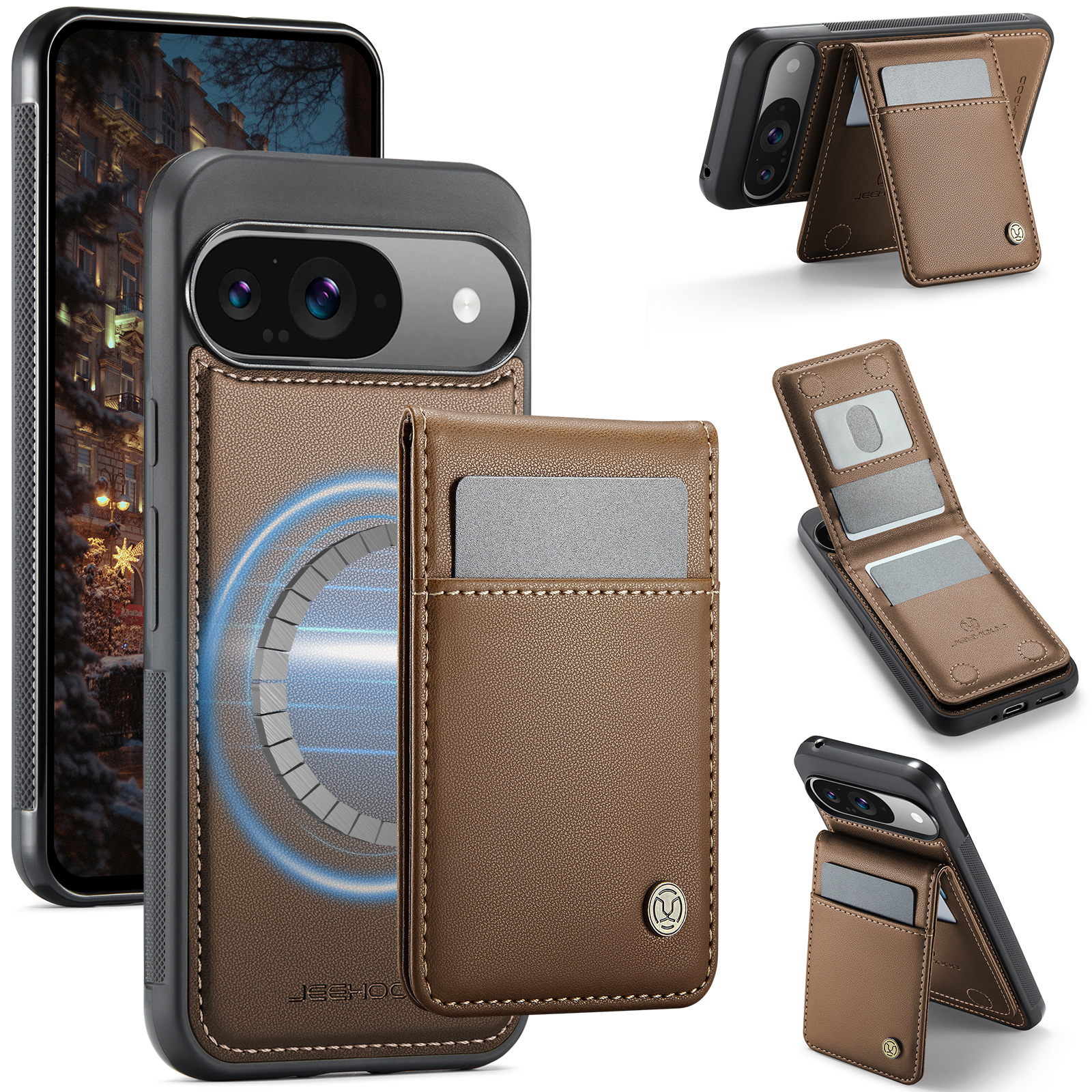 For Google Pixel 9 Pro / Google Pixel 9 Leather Back Cover Compatible with MagSafe JEEHOOD J06 Phone Case with Card Bag RFID Blocking - Brown