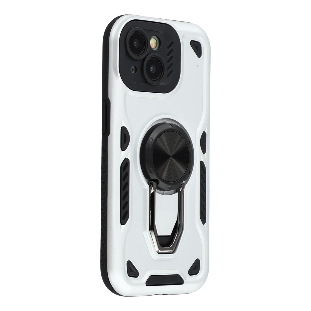 For iPhone 15 Case with Kickstand Shockproof TPU + PC Phone Back Cover - White