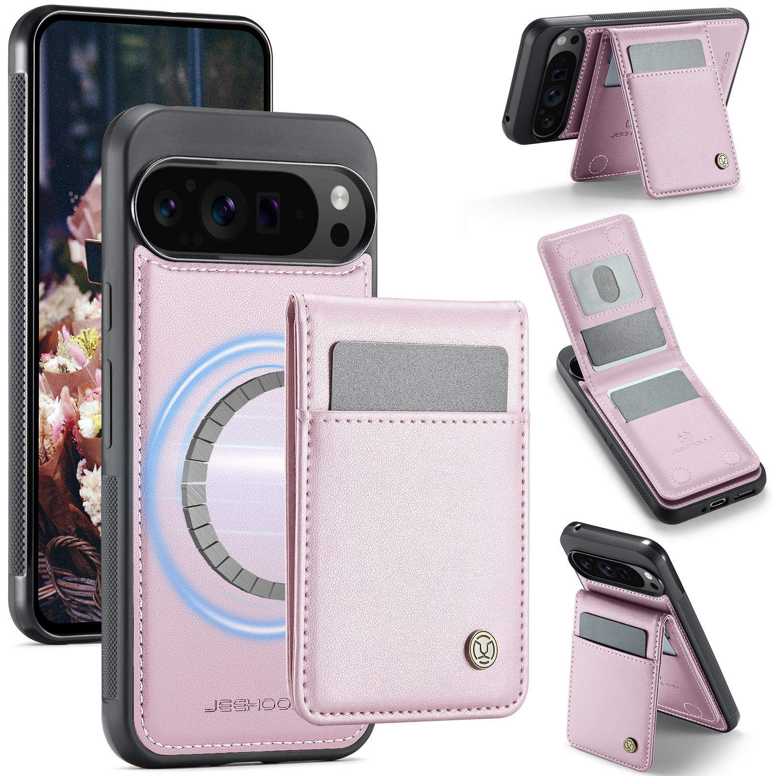 For Google Pixel 9 Pro XL Leather Back Cover Compatible with MagSafe JEEHOOD J06 Phone Case with Card Bag RFID Blocking - Pink