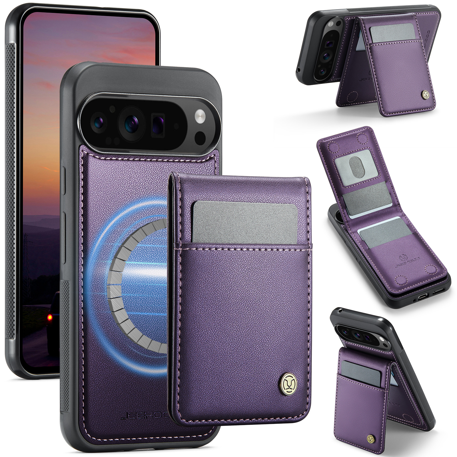 For Google Pixel 9 Pro XL Leather Back Cover Compatible with MagSafe JEEHOOD J06 Phone Case with Card Bag RFID Blocking - Purple