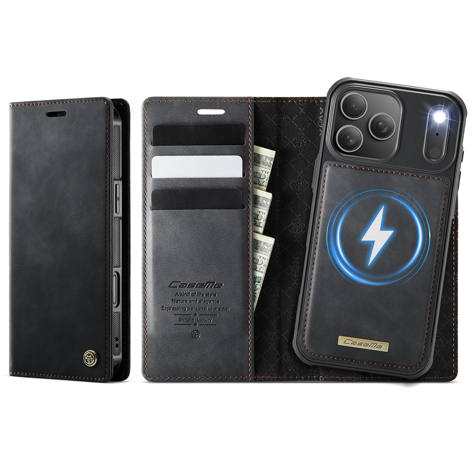 For iPhone 17 Pro Case CASEME C49 Compatible with MagSafe RFID Blocking Detachable Wallet Leather Phone Cover - Black