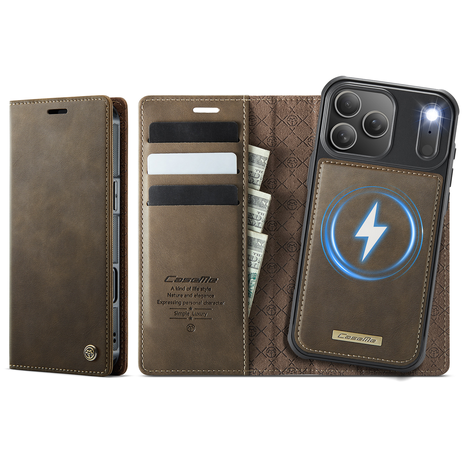 For iPhone 17 Pro Case CASEME C49 Compatible with MagSafe RFID Blocking Detachable Wallet Leather Phone Cover - Coffee
