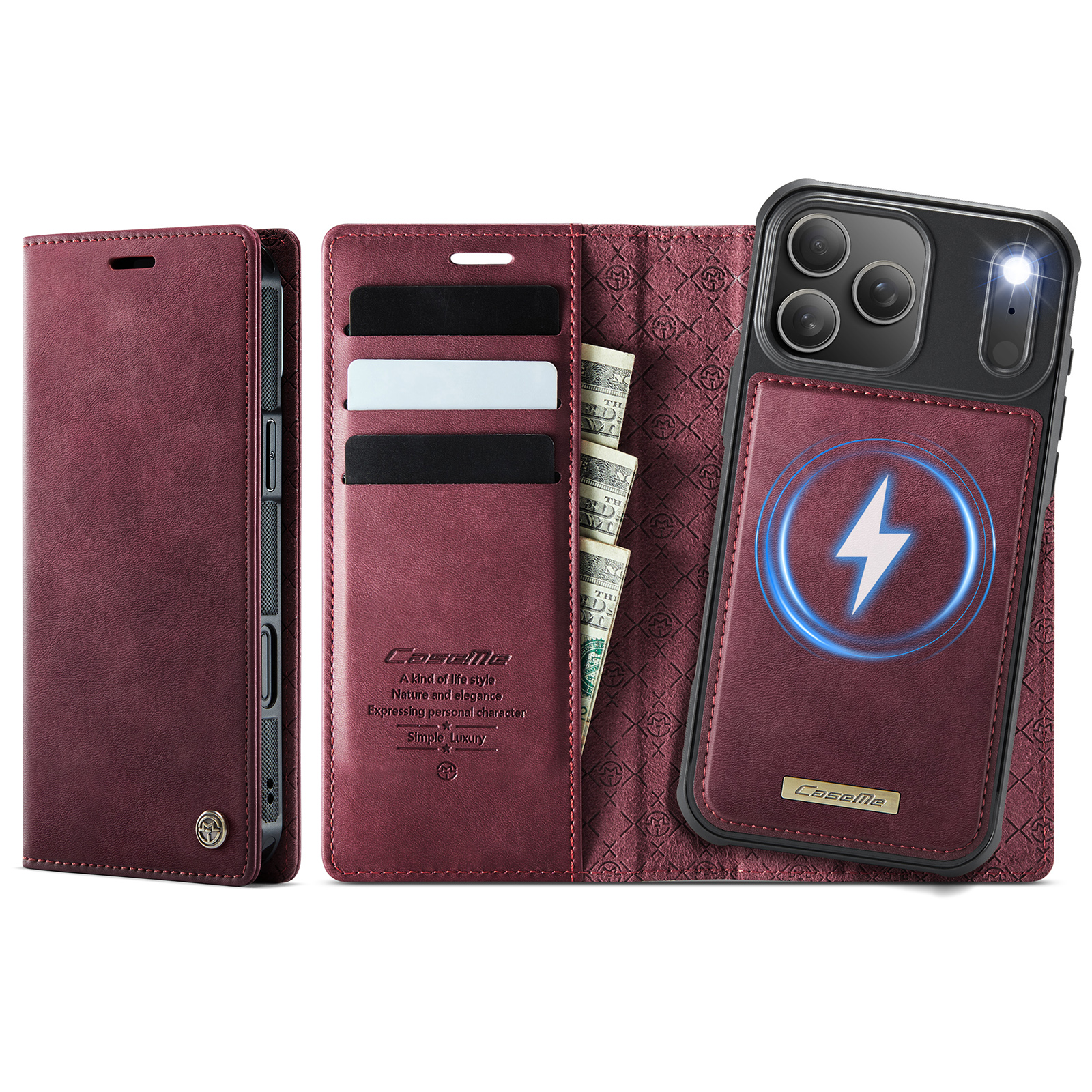 For iPhone 17 Pro Case CASEME C49 Compatible with MagSafe RFID Blocking Detachable Wallet Leather Phone Cover - Red