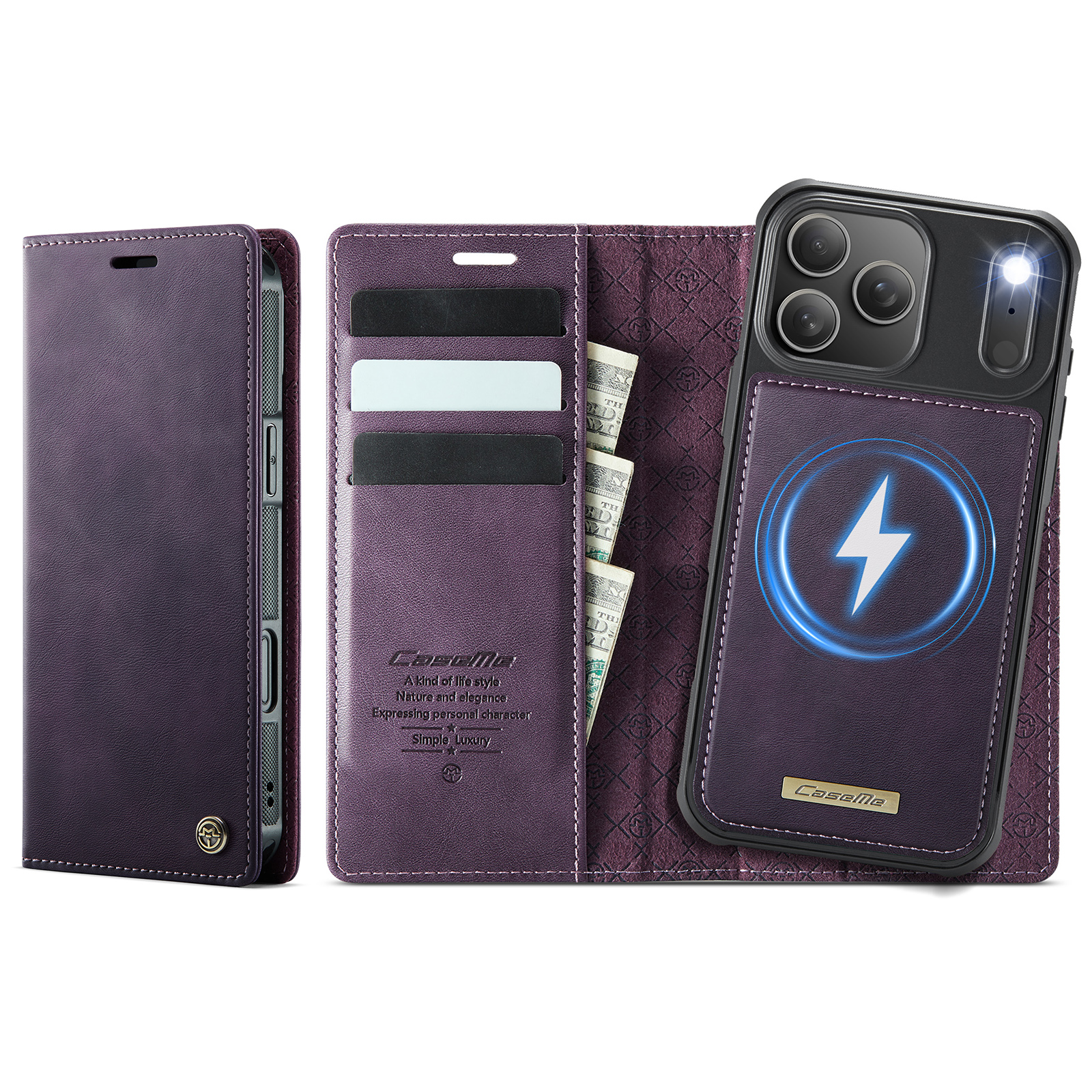 For iPhone 17 Pro Case CASEME C49 Compatible with MagSafe RFID Blocking Detachable Wallet Leather Phone Cover - Purple