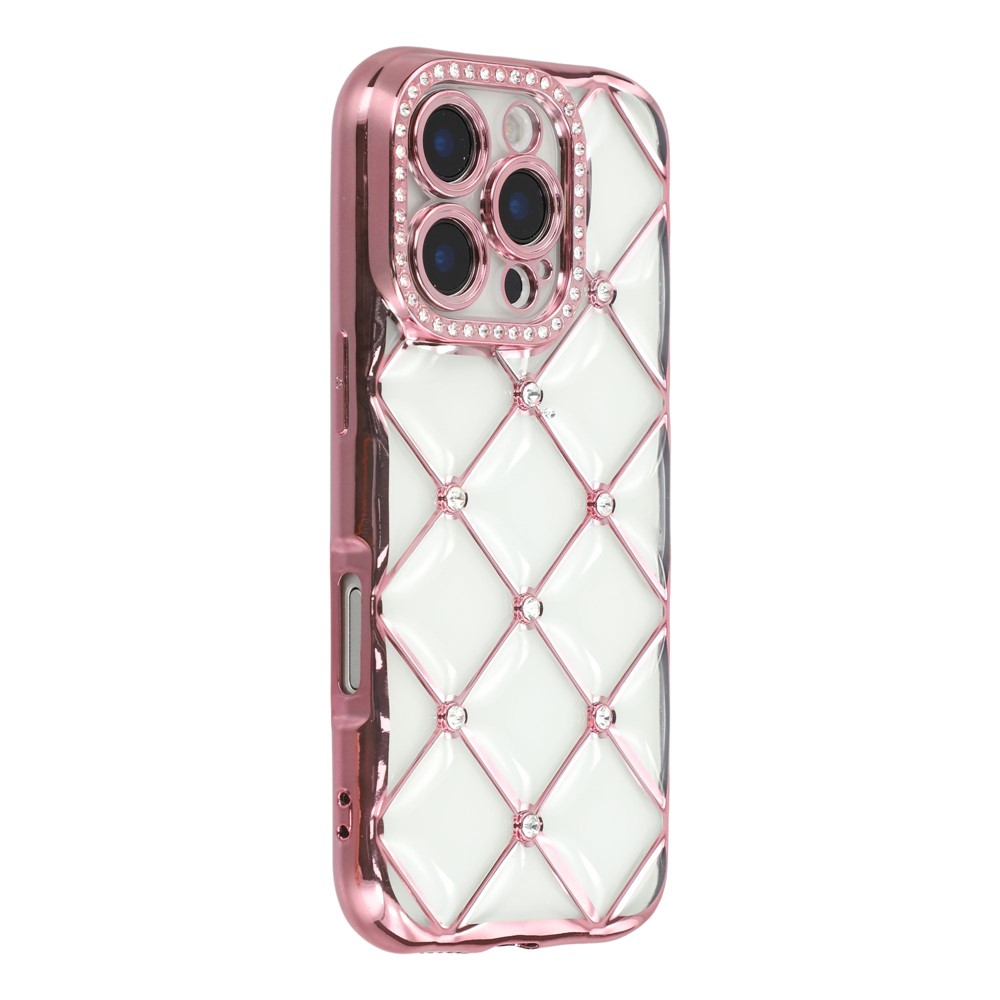 For iPhone 16 Pro Max Case Rhinestone Decor Electroplating TPU Phone Cover - Rose Gold