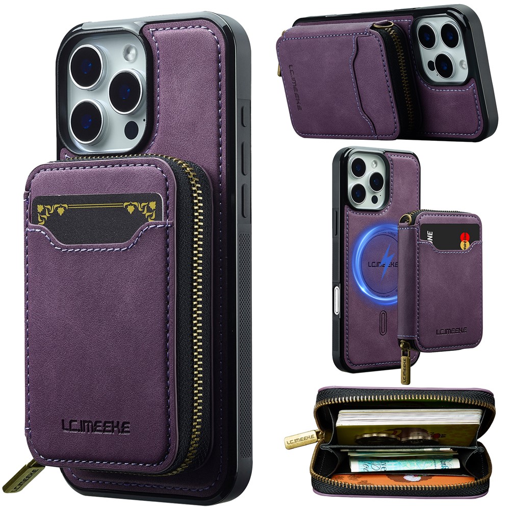 LC.IMEEKE L6 For iPhone 16 Pro Max Magnetic Case Detachable Zipper Wallet Leather Coated PC + TPU Phone Cover - Purple