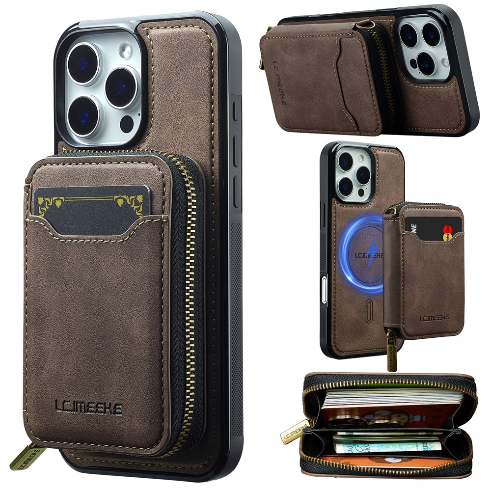 LC.IMEEKE L6 For iPhone 16 Pro Max Magnetic Case Detachable Zipper Wallet Leather Coated PC + TPU Phone Cover - Coffee