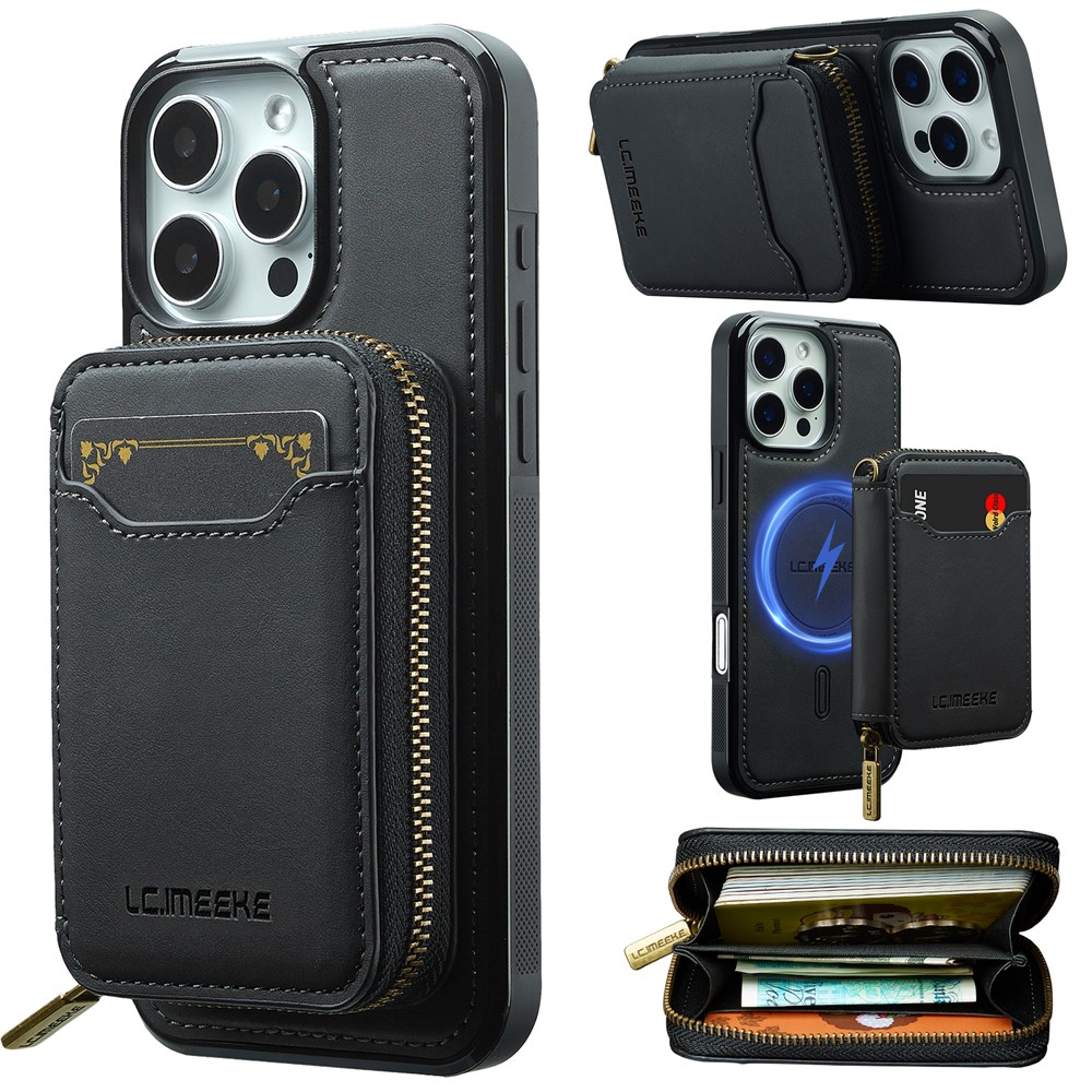 LC.IMEEKE L6 For iPhone 16 Pro Magnetic Case Detachable Zipper Wallet Leather Coated PC + TPU Phone Cover - Black