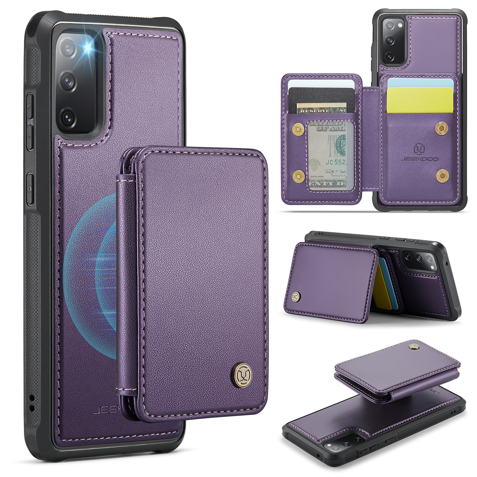 JEEHOOD For Samsung Galaxy S20 FE Case  J05 Leather Mobile Cover with Detachable Magnetic Card Bag - Purple