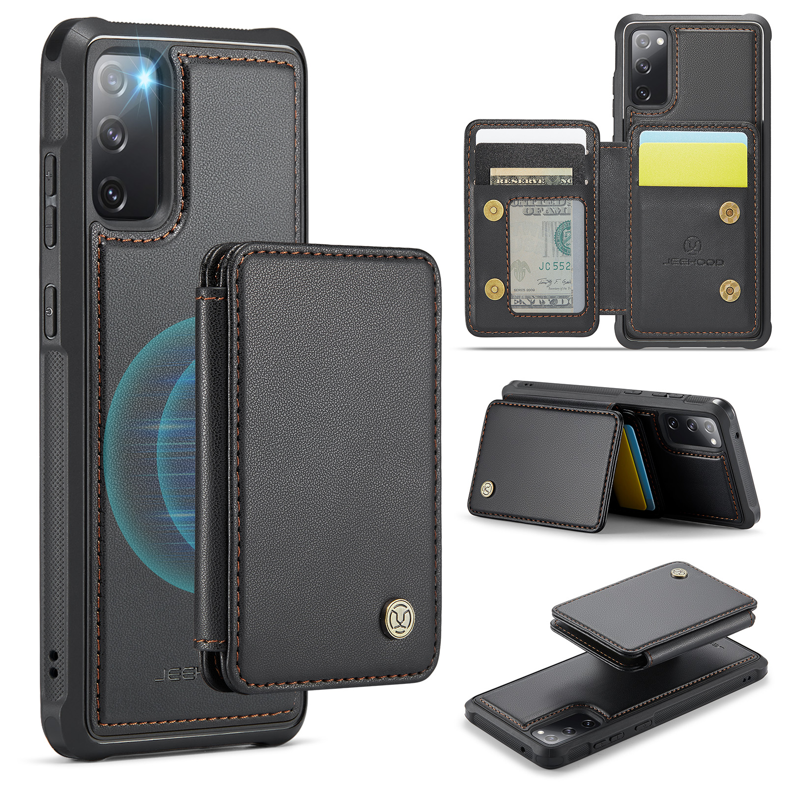 JEEHOOD For Samsung Galaxy S20 FE Case J05 Leather Mobile Cover with Detachable Magnetic Card Bag - Black