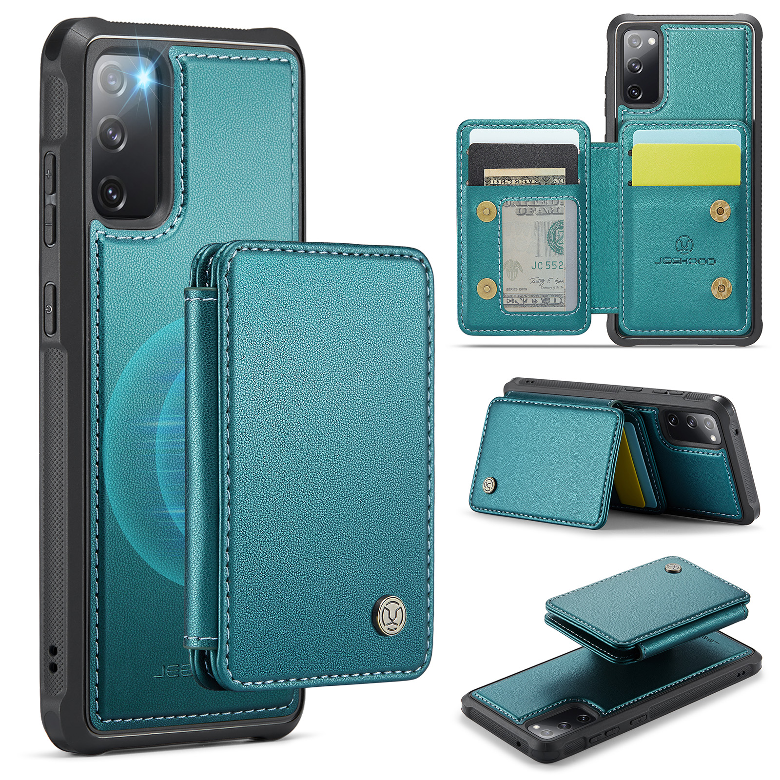 JEEHOOD For Samsung Galaxy S20 FE Case  J05 Leather Mobile Cover with Detachable Magnetic Card Bag - Blue