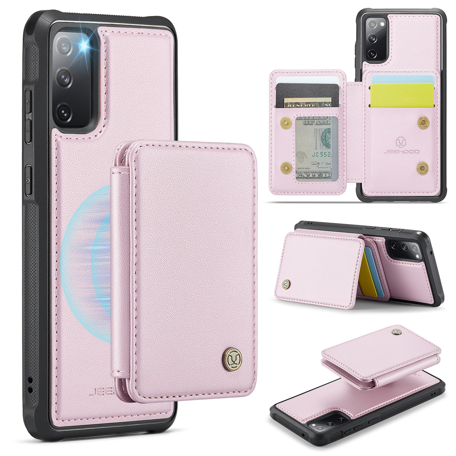 JEEHOOD For Samsung Galaxy S20 FE Case J05 Leather Mobile Cover with Detachable Magnetic Card Bag - Pink