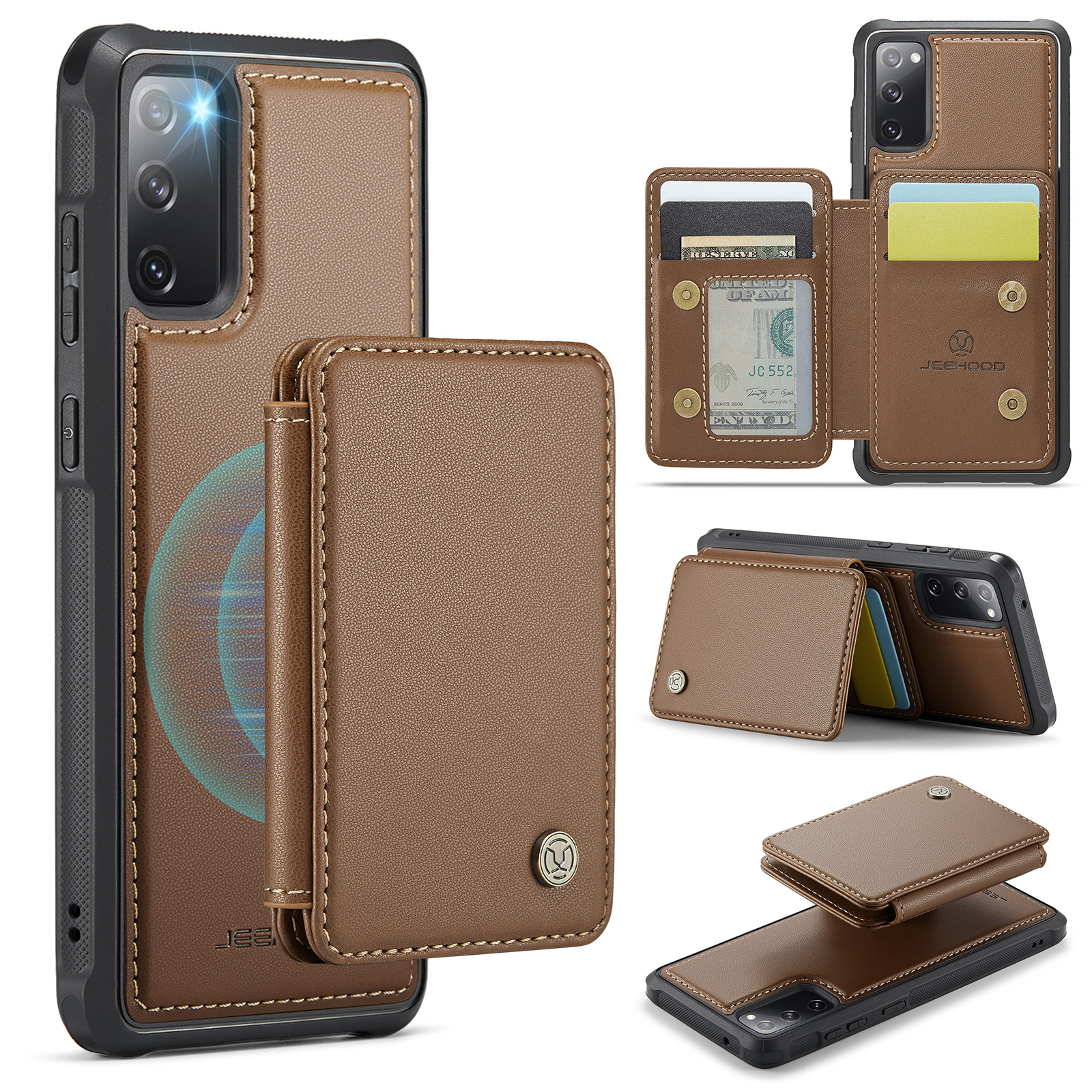 JEEHOOD For Samsung Galaxy S20 FE Case J05 Leather Mobile Cover with Detachable Magnetic Card Bag - Brown