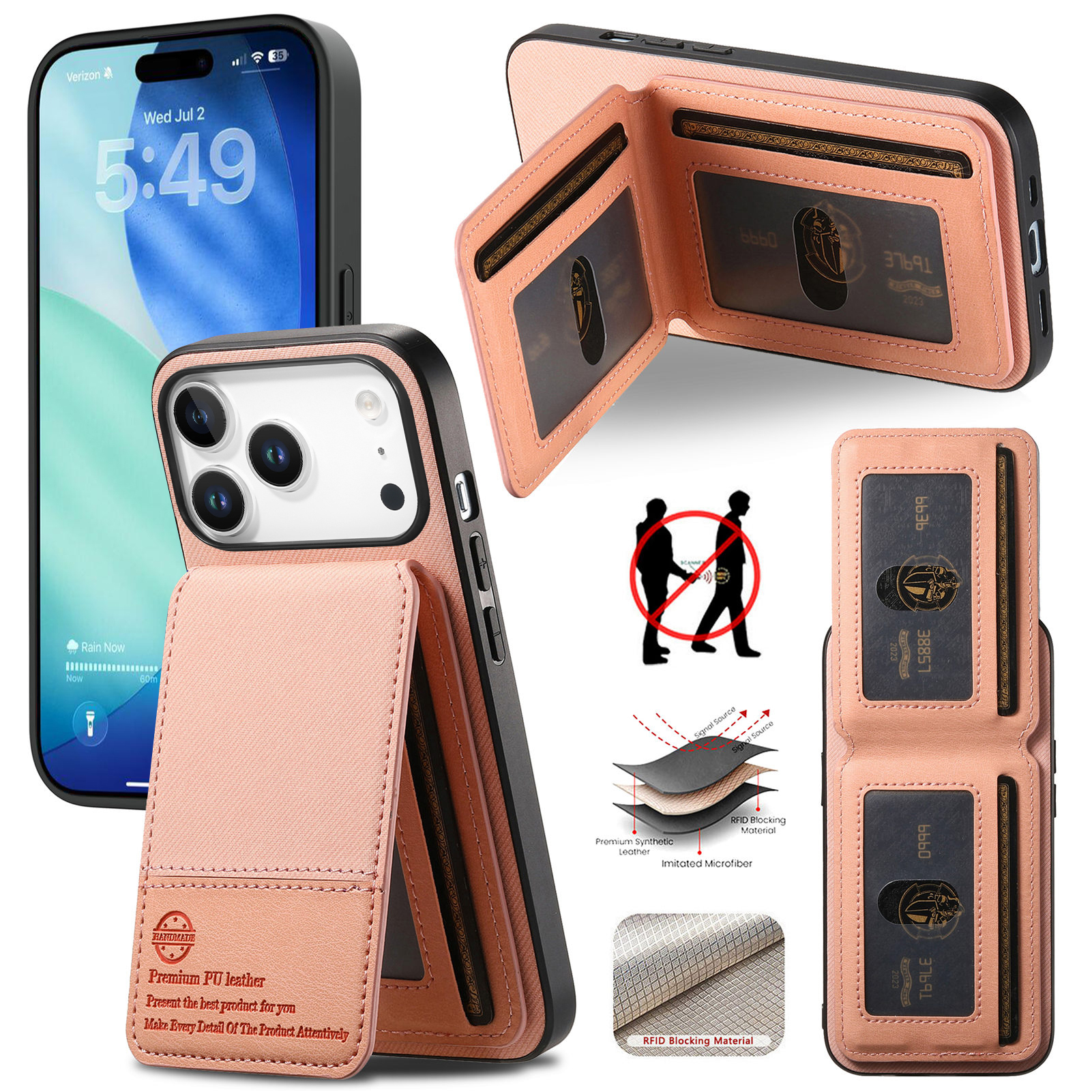 For iPhone 17 Pro Case Cloth Texture Leather + PC + TPU RFID Blocking Phone Cover with Card Holder - Pink