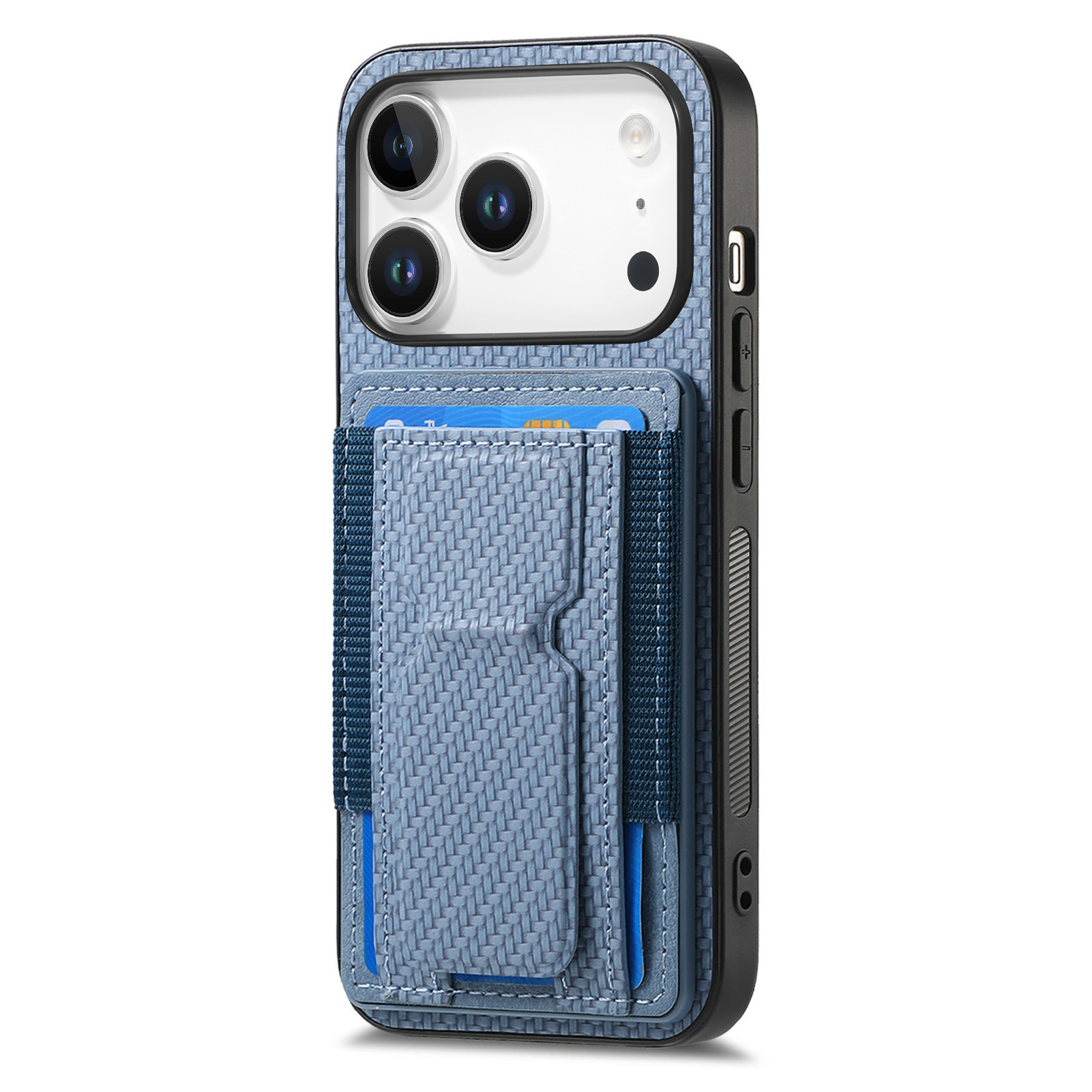 For iPhone 17 Pro Case with Card Holder Kickstand Fiber Pattern Leather Back Cover - Blue