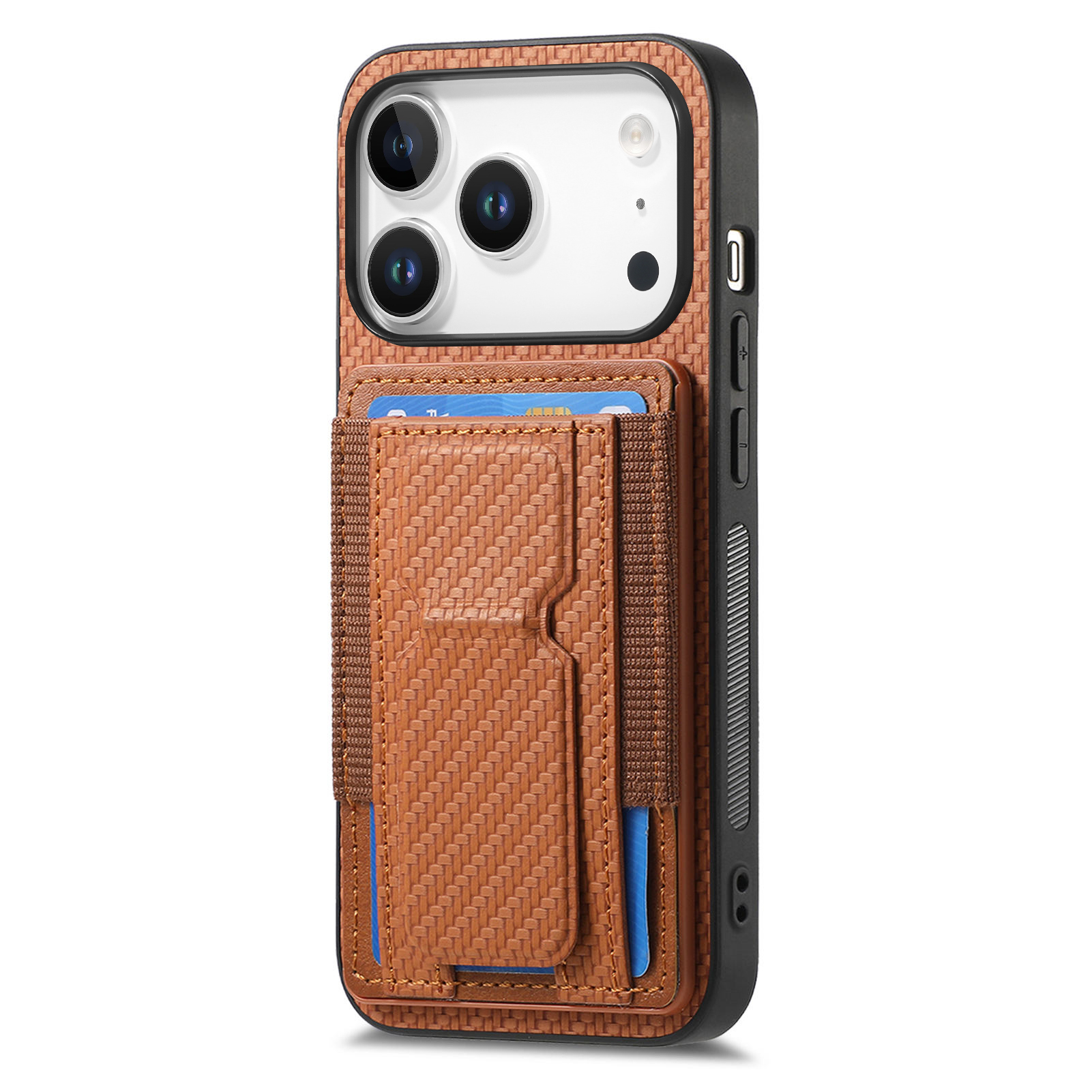 For iPhone 17 Pro Case with Card Holder Kickstand Fiber Pattern Leather Back Cover - Brown