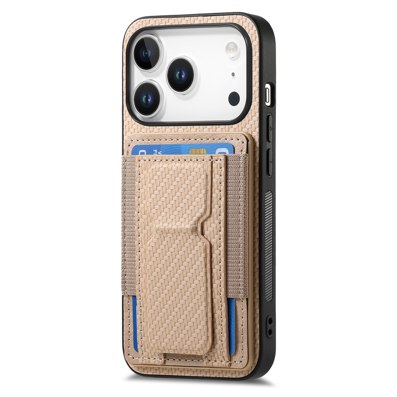 For iPhone 17 Pro Case with Card Holder Kickstand Fiber Pattern Leather Back Cover - Beige