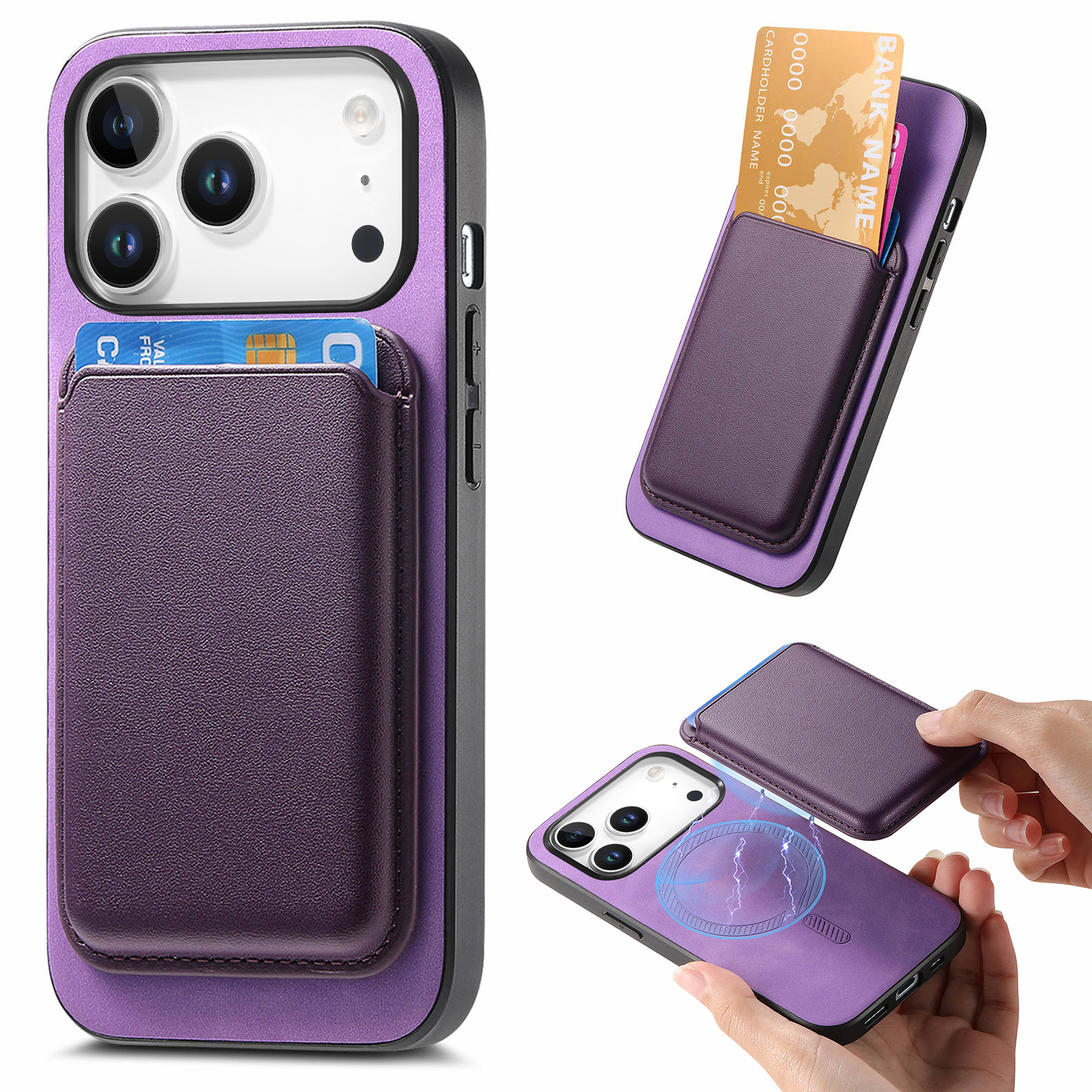 For iPhone 17 Pro Case Detachable Magnetic Card Bag Leather Phone Back Cover - Purple