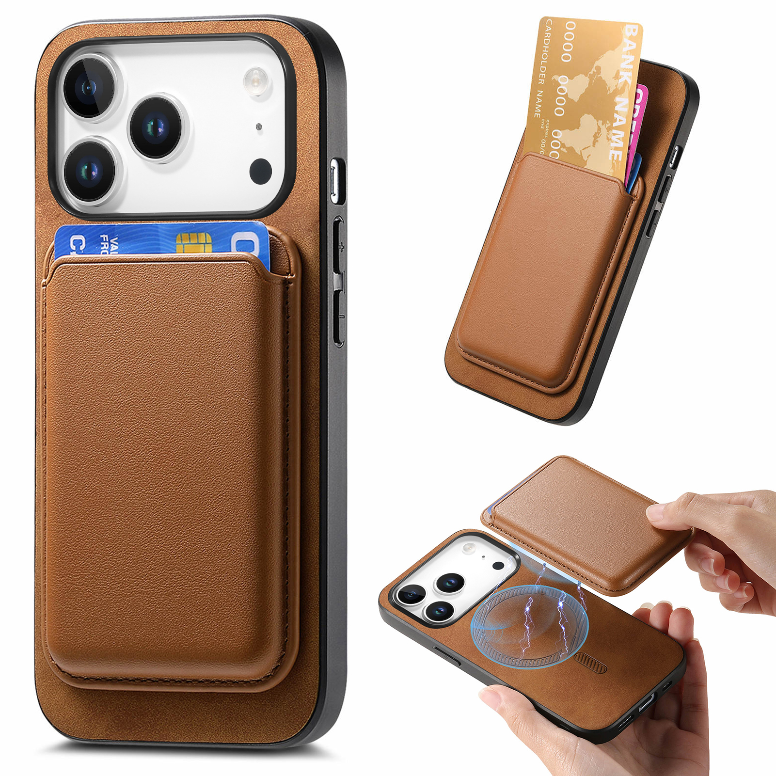 For iPhone 17 Pro Case Detachable Magnetic Card Bag Leather Phone Back Cover - Brown