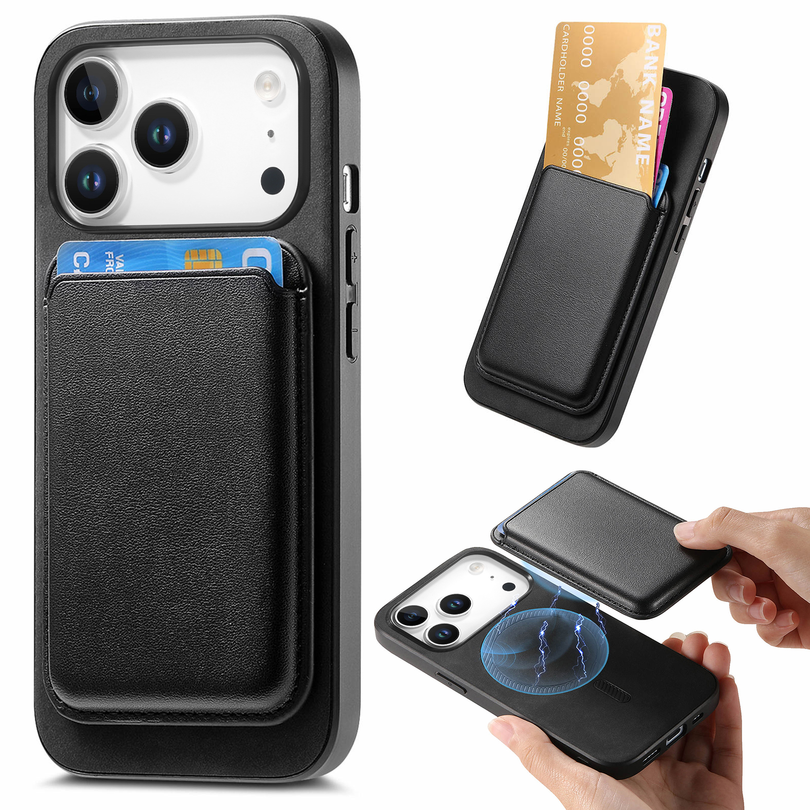 For iPhone 17 Pro Case Detachable Magnetic Card Bag Leather Phone Back Cover - Black