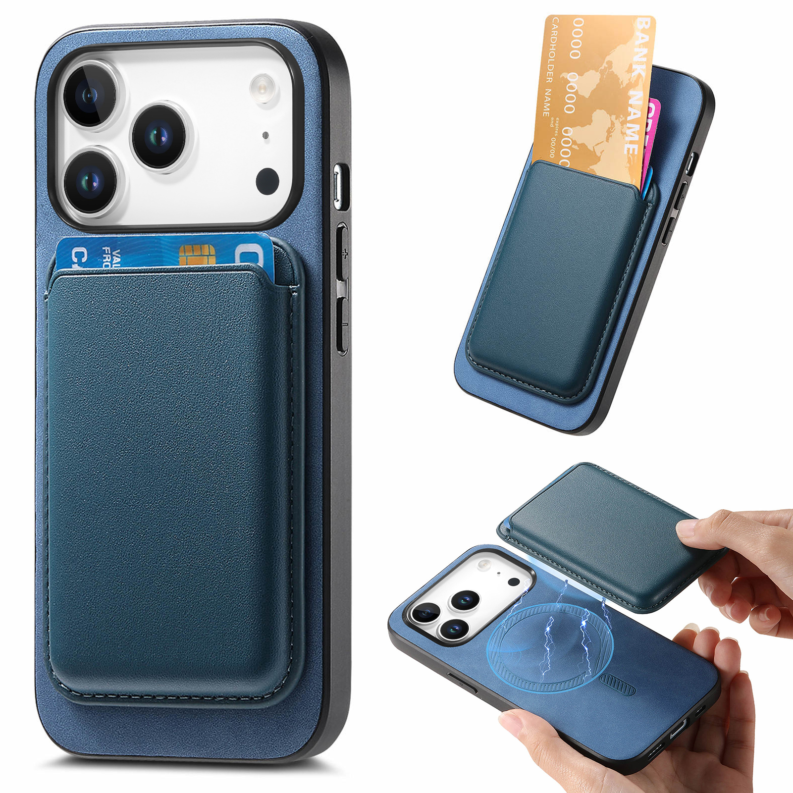 For iPhone 17 Pro Case Detachable Magnetic Card Bag Leather Phone Back Cover - Blue
