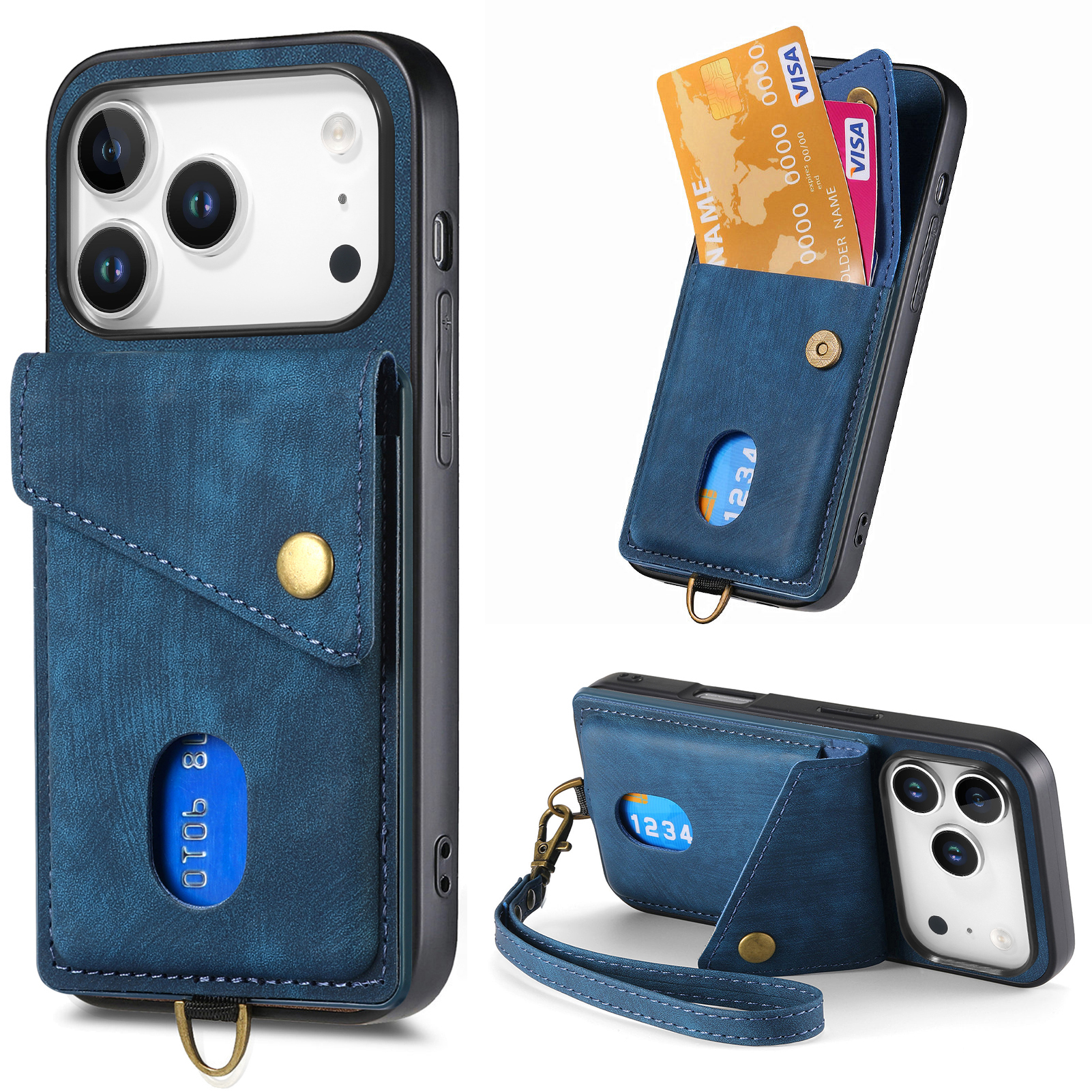 For iPhone 17 Pro Case with Card Holder Kickstand Leather Phone Back Cover - Blue