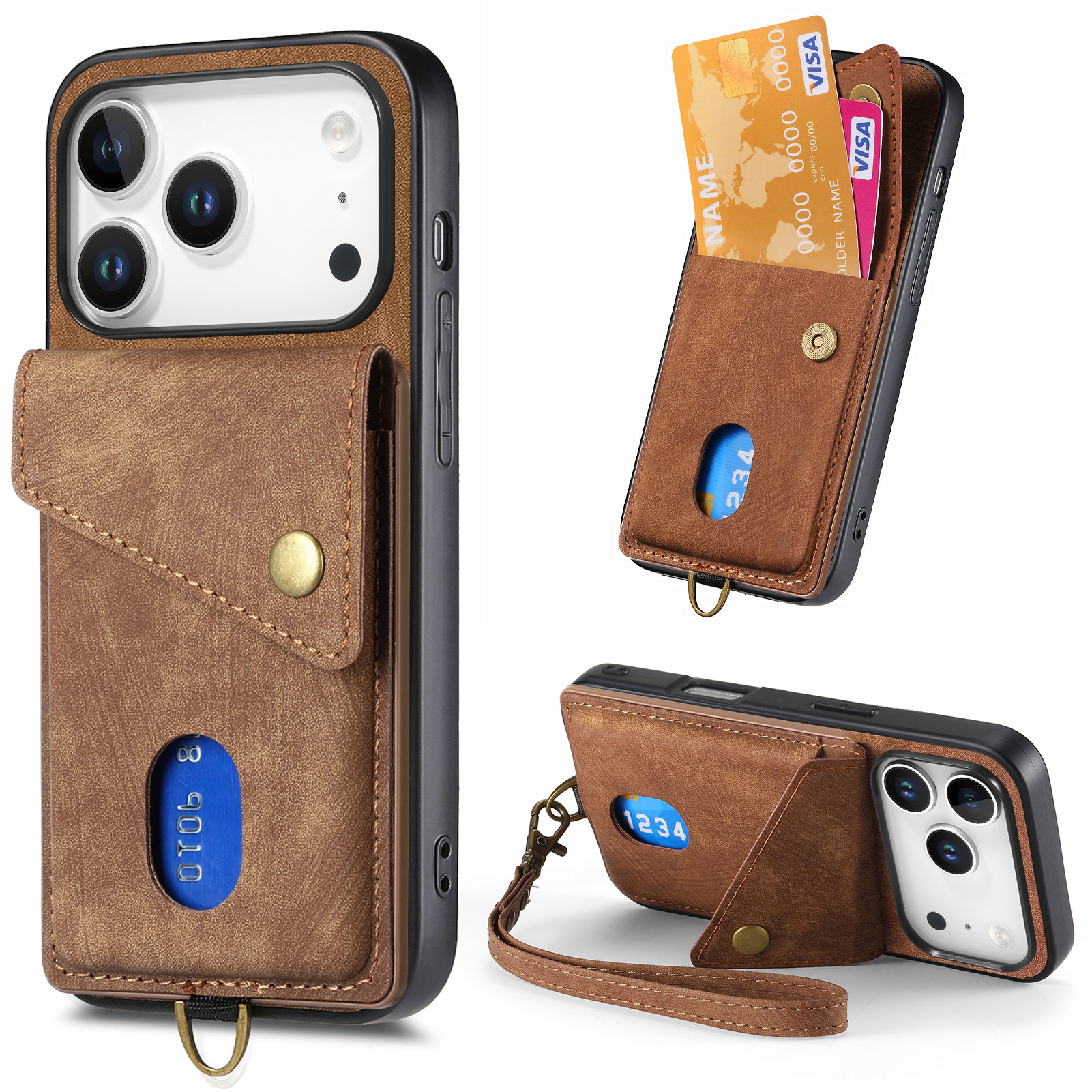 For iPhone 17 Pro Case with Card Holder Kickstand Leather Phone Back Cover - Brown