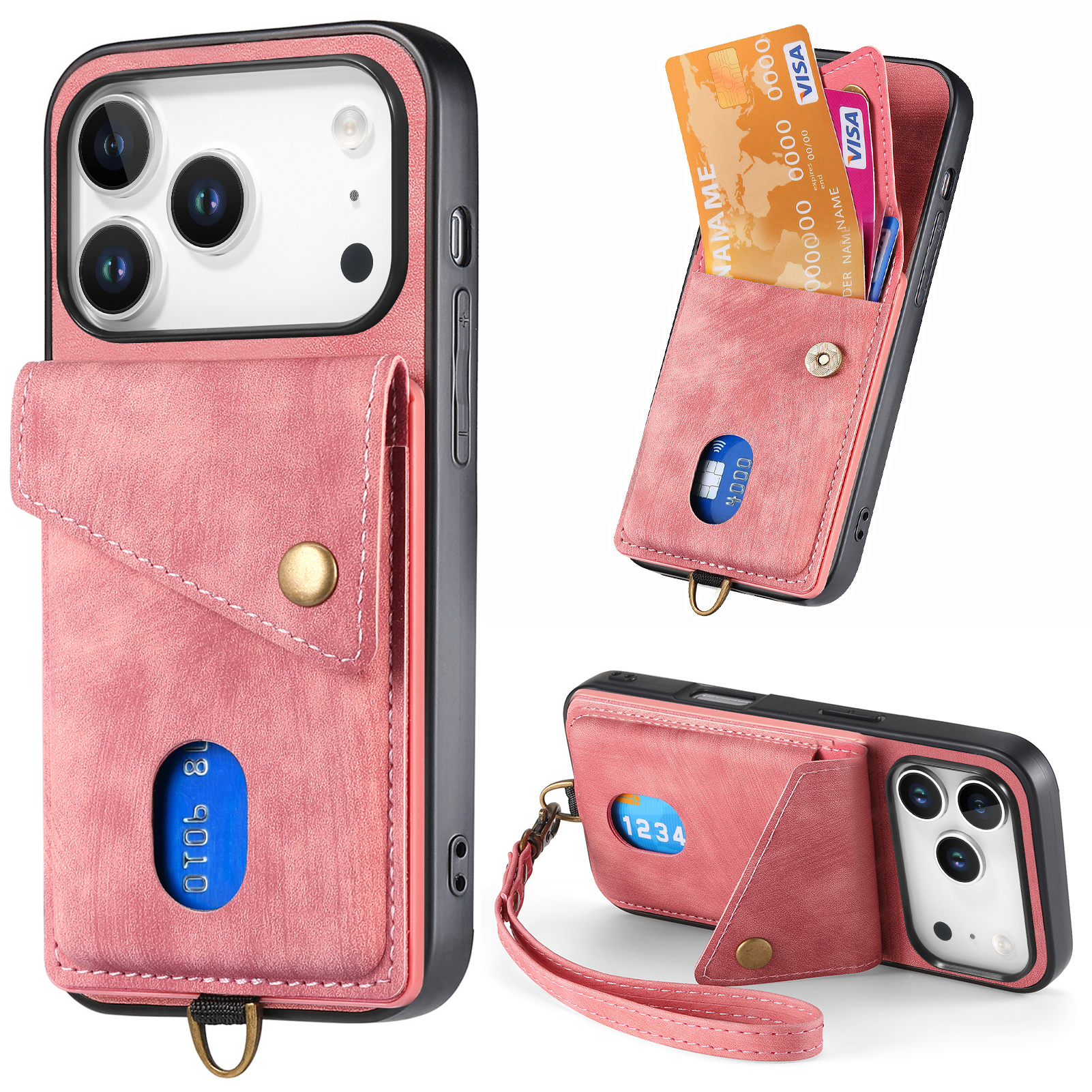 For iPhone 17 Pro Case with Card Holder Kickstand Leather Phone Back Cover - Pink