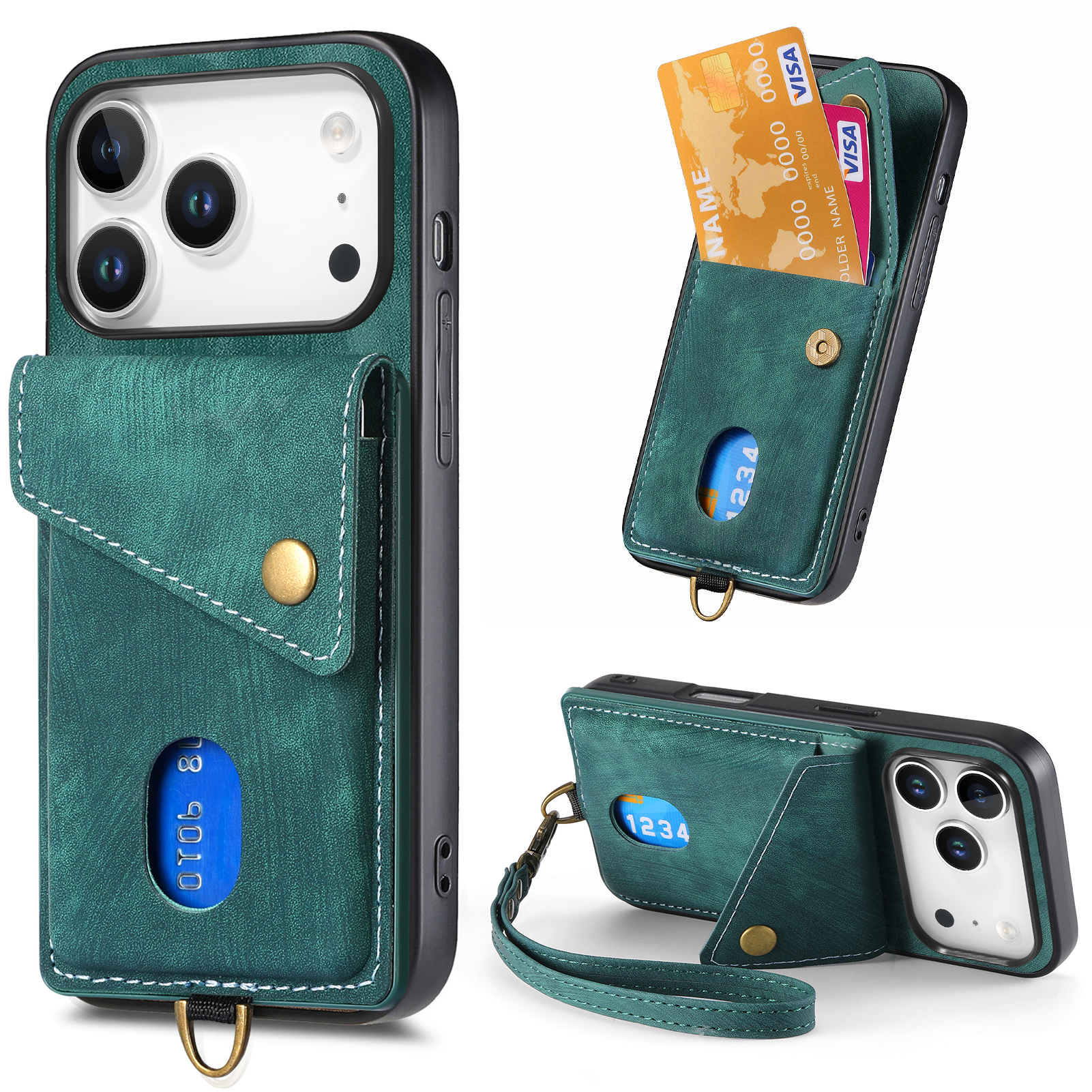 For iPhone 17 Pro Case with Card Holder Kickstand Leather Phone Back Cover - Green