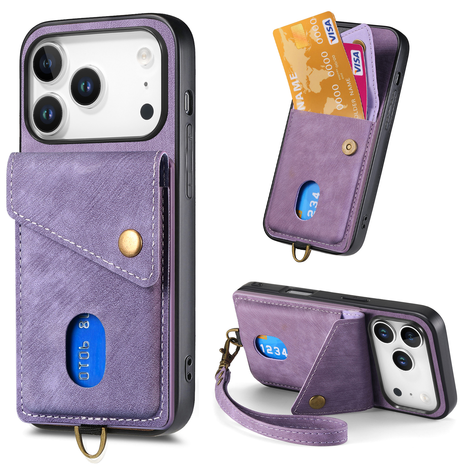 For iPhone 17 Pro Case with Card Holder Kickstand Leather Phone Back Cover - Purple