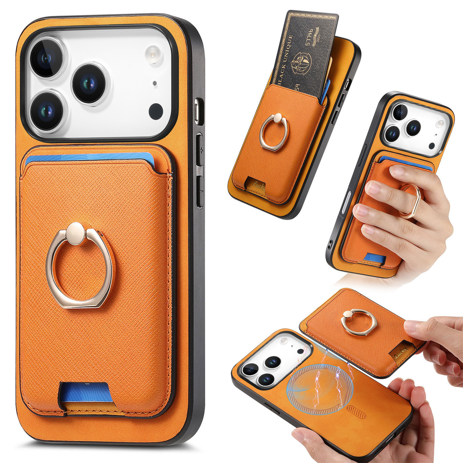 For iPhone 17 Pro Magnetic Case Detachable Card Bag Leather Back Cover with Kickstand - Orange