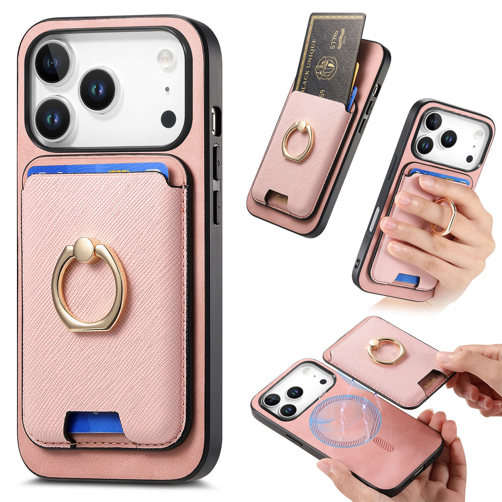 For iPhone 17 Pro Magnetic Case Detachable Card Bag Leather Back Cover with Kickstand - Rose Gold