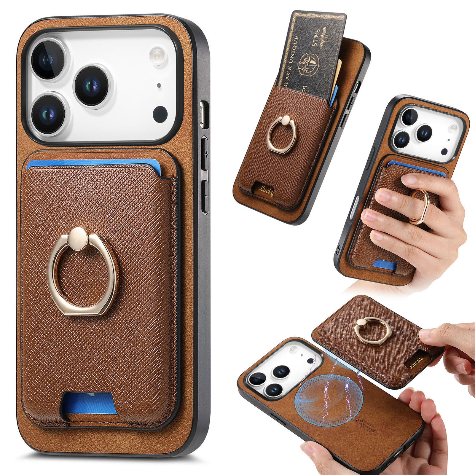 For iPhone 17 Pro Magnetic Case Detachable Card Bag Leather Back Cover with Kickstand - Brown