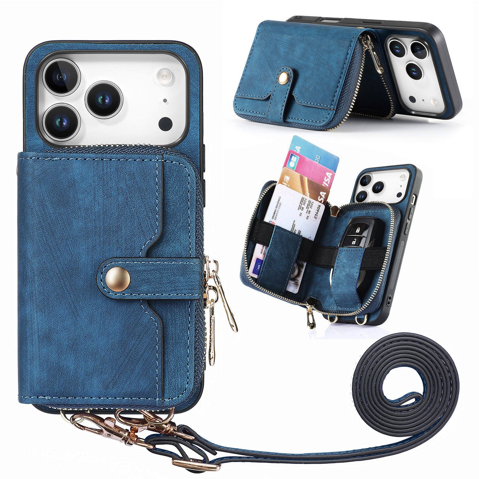 For iPhone 17 Pro PU Leather Phone Back Cover with Zipper Card Holder and Long Strap - Blue