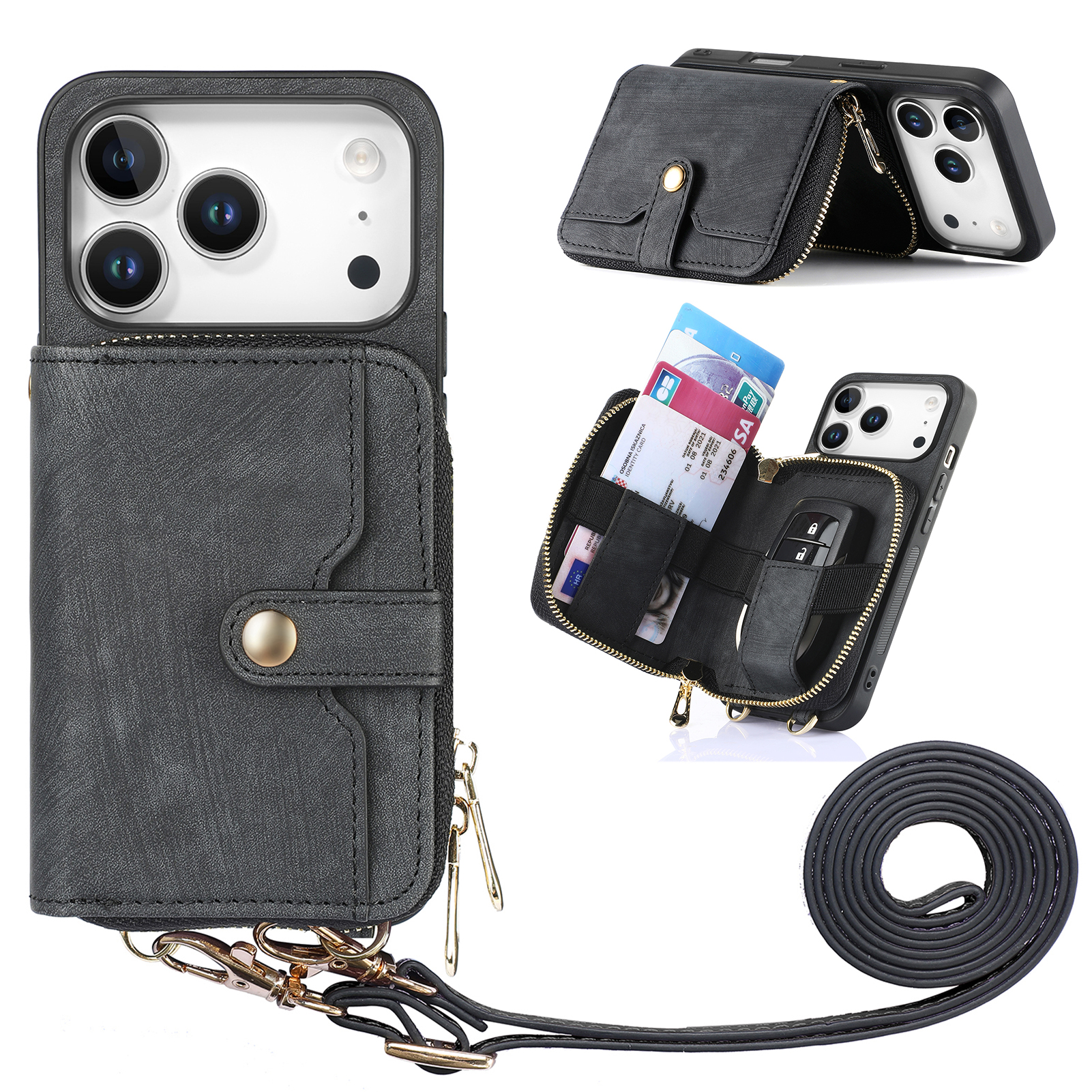 For iPhone 17 Pro PU Leather Phone Back Cover with Zipper Card Holder and Long Strap - Black
