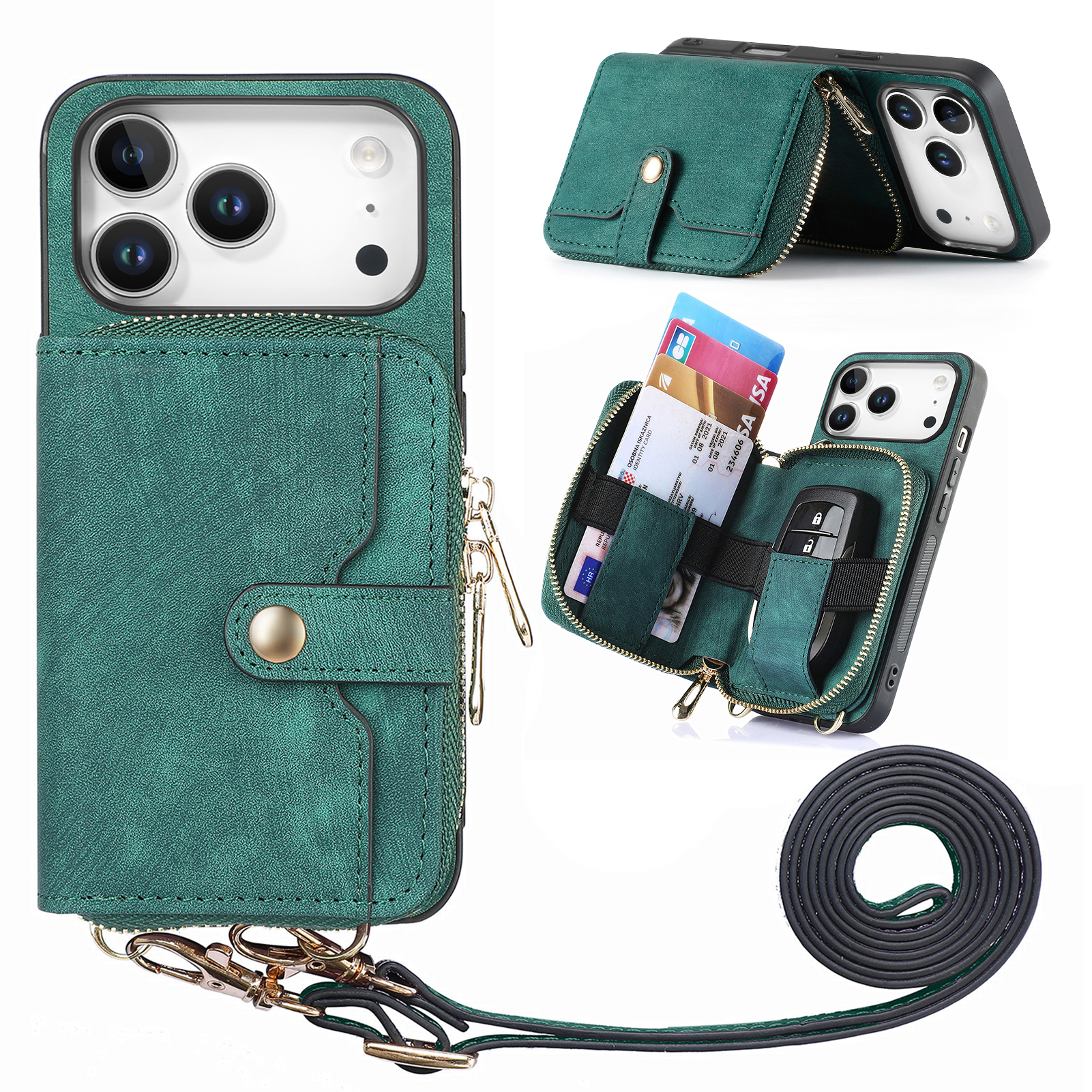 For iPhone 17 Pro PU Leather Phone Back Cover with Zipper Card Holder and Long Strap - Green