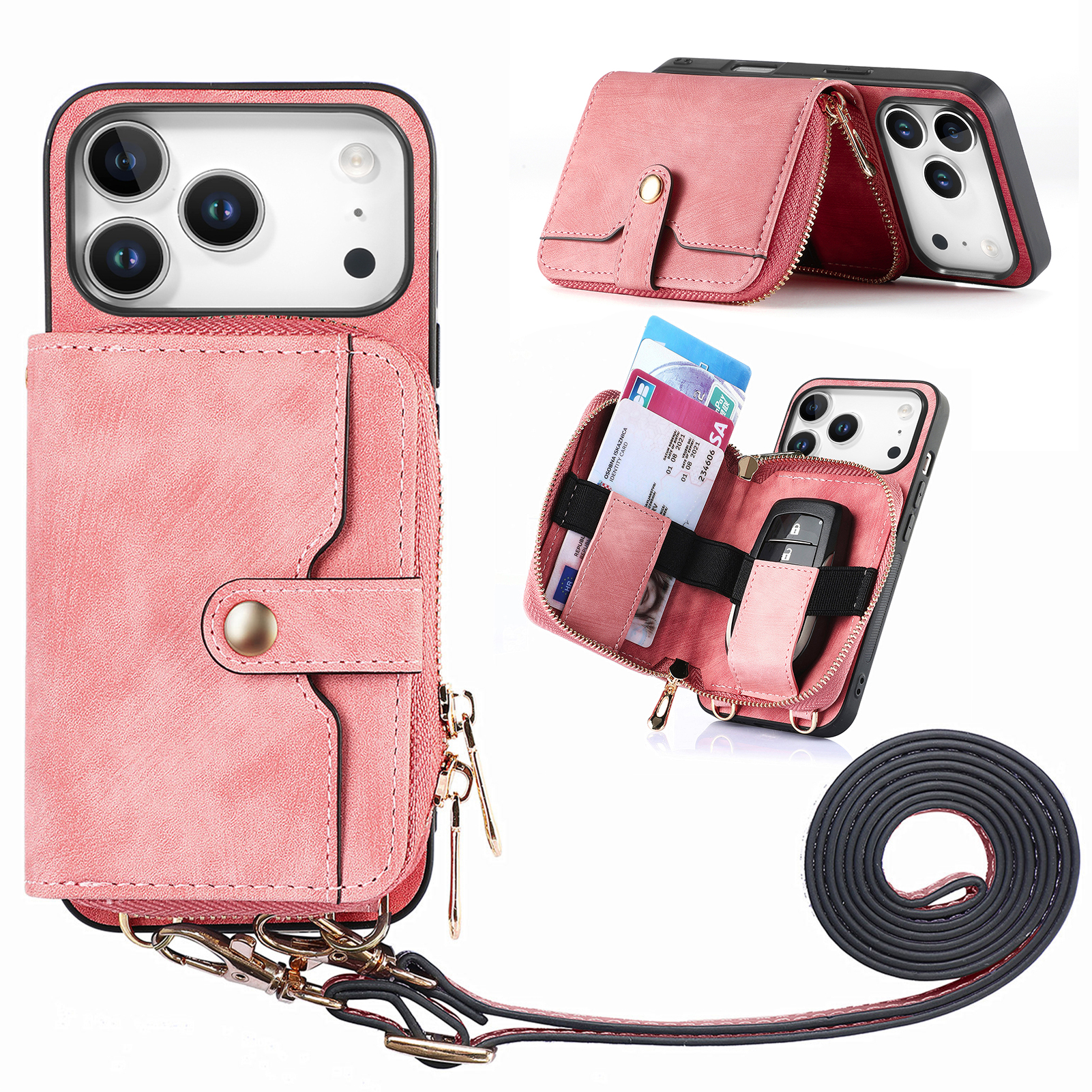 For iPhone 17 Pro PU Leather Phone Back Cover with Zipper Card Holder and Long Strap - Pink