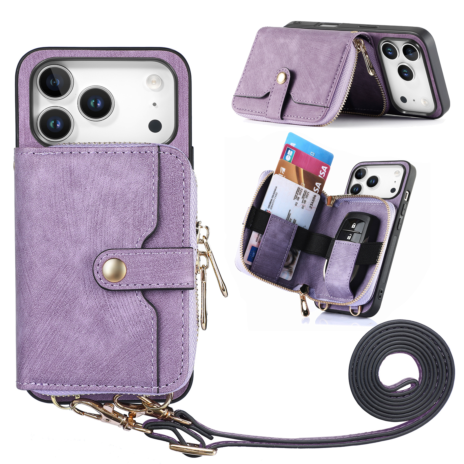 For iPhone 17 Pro PU Leather Phone Back Cover with Zipper Card Holder and Long Strap - Purple
