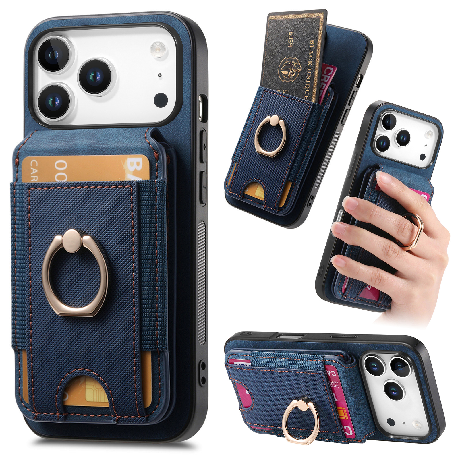 For iPhone 17 Pro Case Compatible with MagSafe Leather Back Cover with Detachable Card Holder Kickstand - Blue