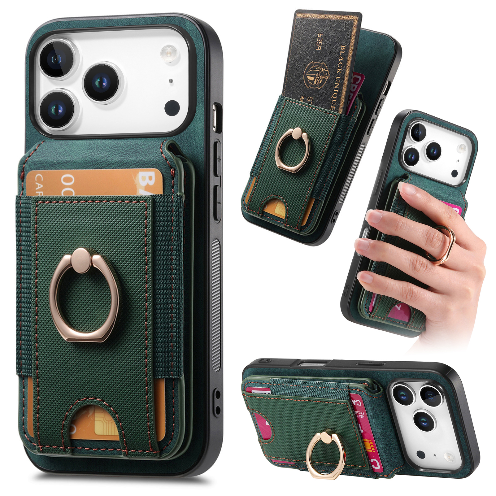 For iPhone 17 Pro Case Compatible with MagSafe Leather Back Cover with Detachable Card Holder Kickstand - Green
